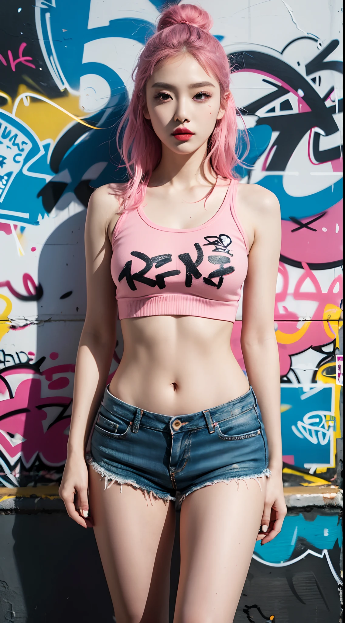 masterpiece, best quality, 1girl, solo, crop top, denim shorts, choker, arms behind back, against wall, looking at viewer, armband, thigh strap, paint on body, head tilt, bored, multicolored hair, aqua eyes