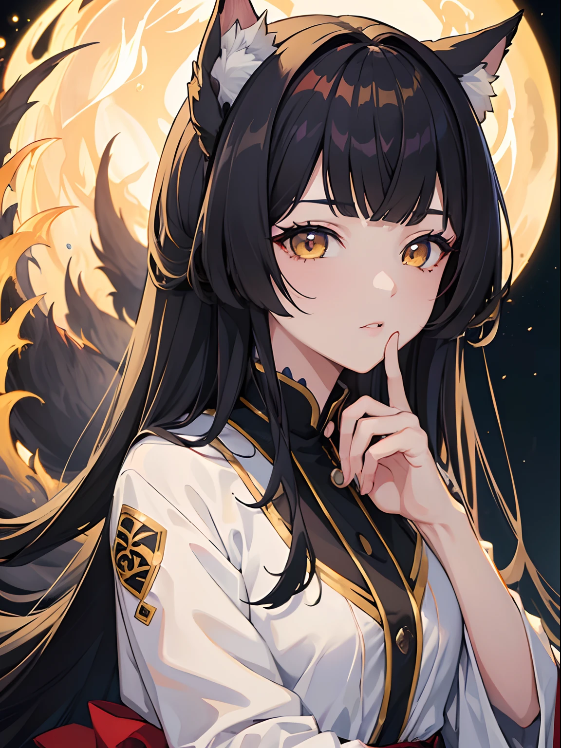 masterpiece, best quality, 1girl, black hair, yellow eyes, kitsune, night tailed fox, night festival, detailed eyes, detailed facial features, high resolution (best quality, 4k, 8k, highres, masterpiece:1.2)