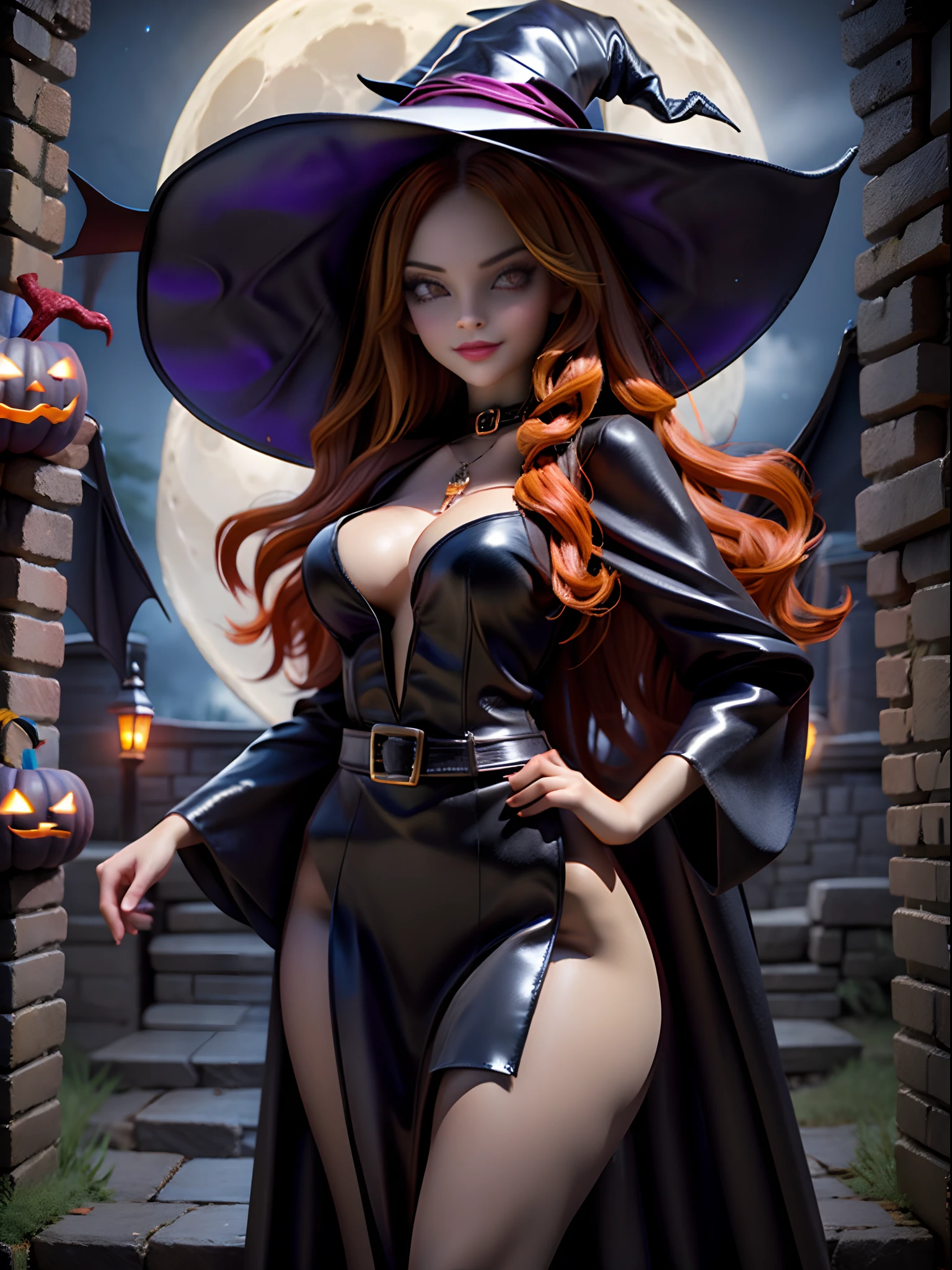 A Sexy Witch(wearing witch robe and hat), a full moon, a witch house, Jack-o'-lantern,bat,and a mysterious image,halloween. It's night but it's bright