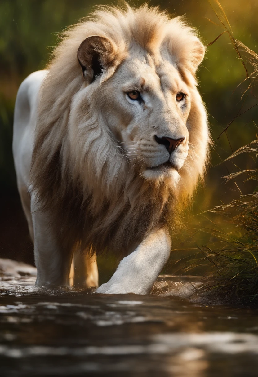 White lion, wet fur, heavy rain, on a riverbank, vibrantly colored vegetation in the environment, ultra detailed, intricate artwork, 8Khyper realistic cover photo dazzling in color, lighting night in the background, intricate. definition of blockbuster, cinematic, 8k resolution photo realistic masterpiece: