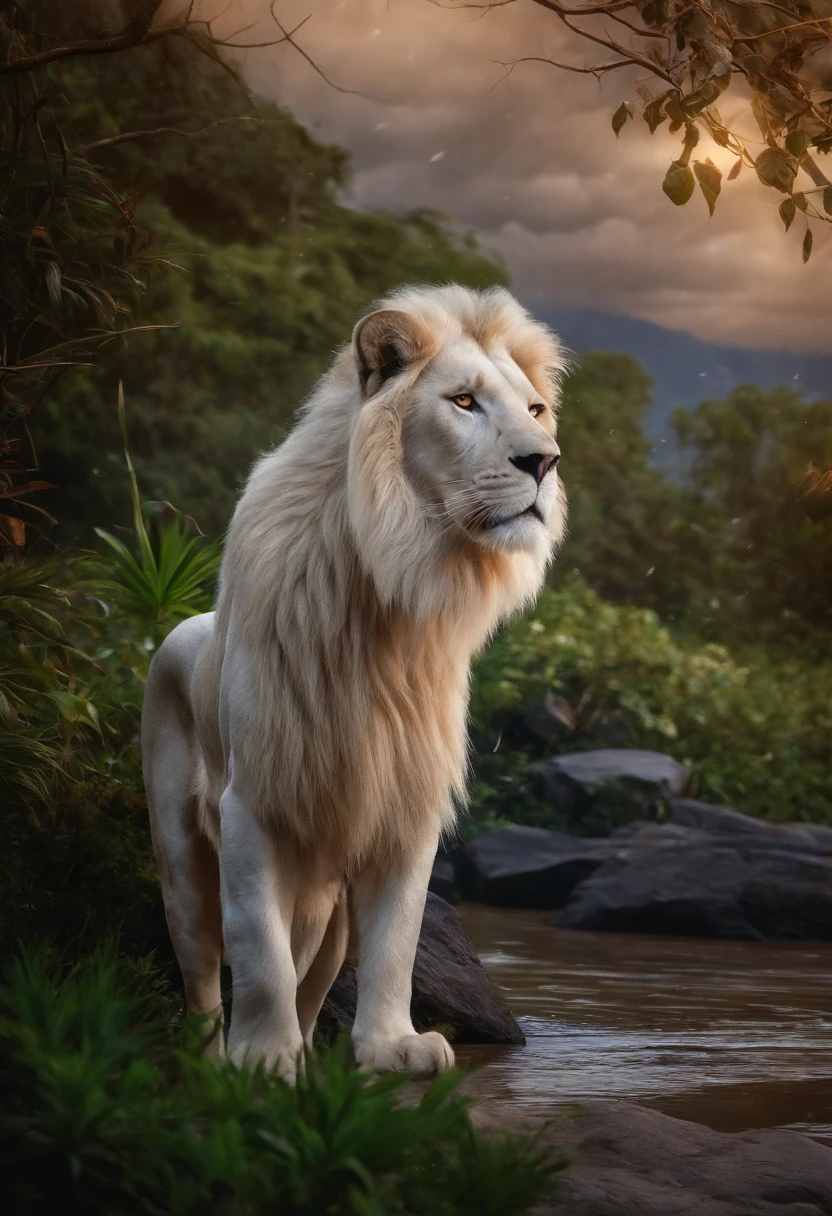 White lion, wet fur, heavy rain, on a riverbank, vibrantly colored vegetation in the environment, ultra detailed, intricate artwork, 8Khyper realistic cover photo dazzling in color, lighting night in the background, intricate. definition of blockbuster, cinematic, 8k resolution photo realistic masterpiece:
