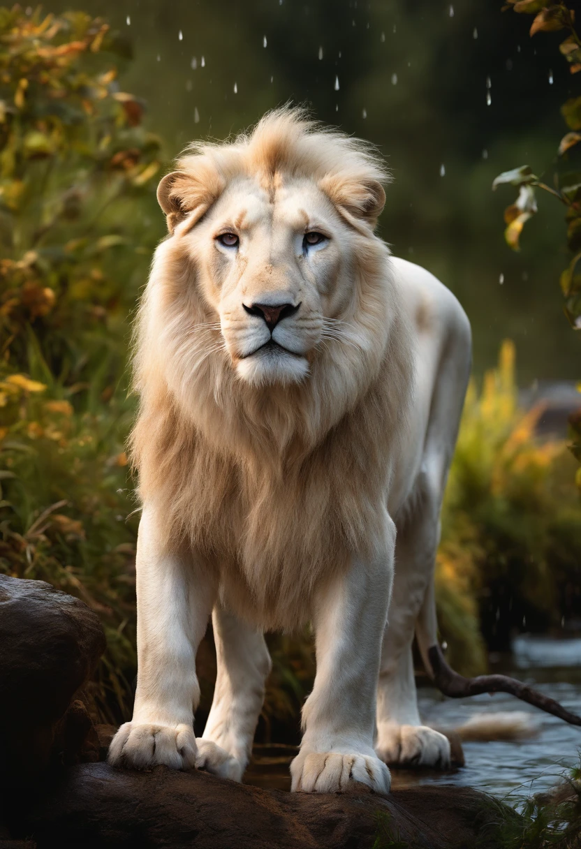 White lion, wet fur, heavy rain, on a riverbank, vibrantly colored vegetation in the environment, ultra detailed, intricate artwork, 8Khyper realistic cover photo dazzling in color, lighting night in the background, intricate. definition of blockbuster, cinematic, 8k resolution photo realistic masterpiece: