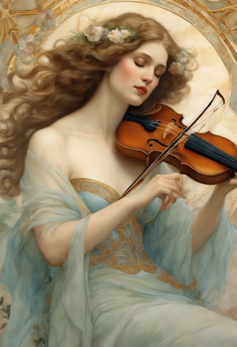 A highly defined super detailed watercolor painting,A woman, gentle gaze, flowers, female figure, detailed cover art, Like a goddess of music, halo of holiness, playing the violin for the two angels, In the style of Alphonse Maria Mucha and Gustave Kilmut, Acentos Arte Nova, Alphonse Mucha, Gustavo Klimt, pale bluish skin, a marble sculpture, CGSesociedade, gothic art, Arte Nova, Winner of the Behance contest