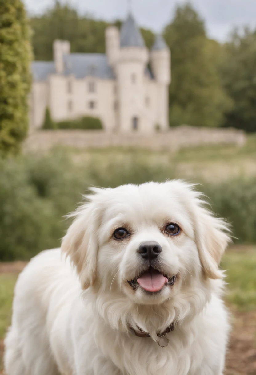 Eu quero 3 imagens tamanho 16.9, of a Maltese dog playing with several other breeds of dogs in the garden of a beautiful enchanted world with castle and lake in the background. The leader of the dogs is a golden retriever, therefore, it should be the most prominent dog in the photo.