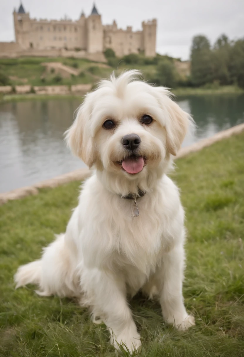 Eu quero 3 imagens tamanho 16.9, of a Maltese dog playing with several other breeds of dogs in the garden of a beautiful enchanted world with castle and lake in the background. The leader of the dogs is a golden retriever, therefore, it should be the most prominent dog in the photo.