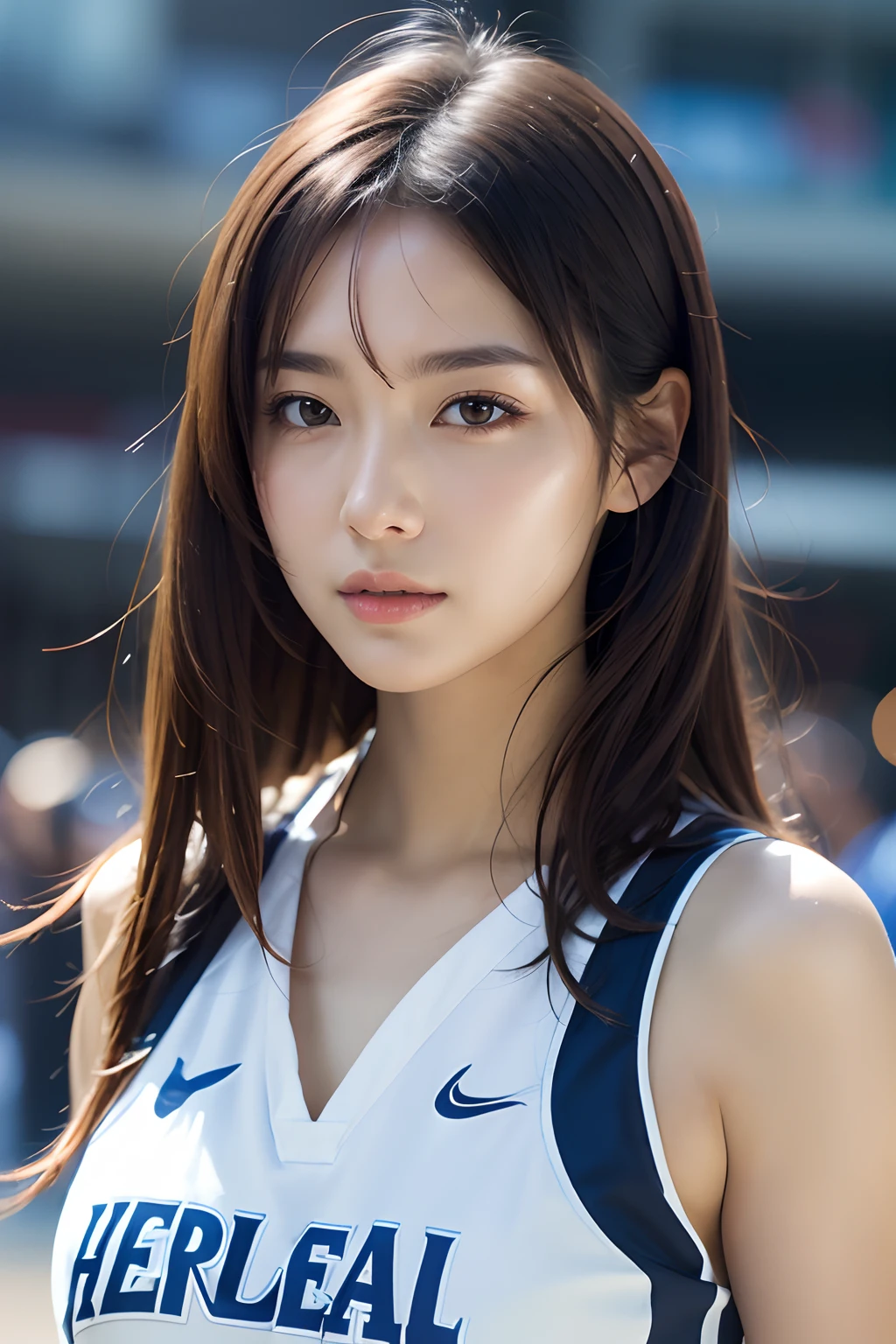 Dress up、(Photo Real:1.4)、(A hyper-realistic:1.4)、(Photorealistic:1.3)、 (Gentle lighting: 1.05)、(Improve video lighting quality:0.9)、32 k、 1girl in、20 years girl、photorealistic lighting、Back lighting、Facial Lights、raytrace、(Bright:1.2)、(Increase quality:1.4)、 (Top quality real texture skins)、Fair eyes,A delicate and delicate face、 (tired and sleepy and satisfied : 0.0), Close-up of the face, Basketball Uniform : 1.3, (Bodyline mood improvement:1.1)、Glossy skin、porn star、韓国アイドル、乃木坂アイドル、Sculpture Idol Pose、Beautiful actress、Neat and clean woman、 full bodyesbian