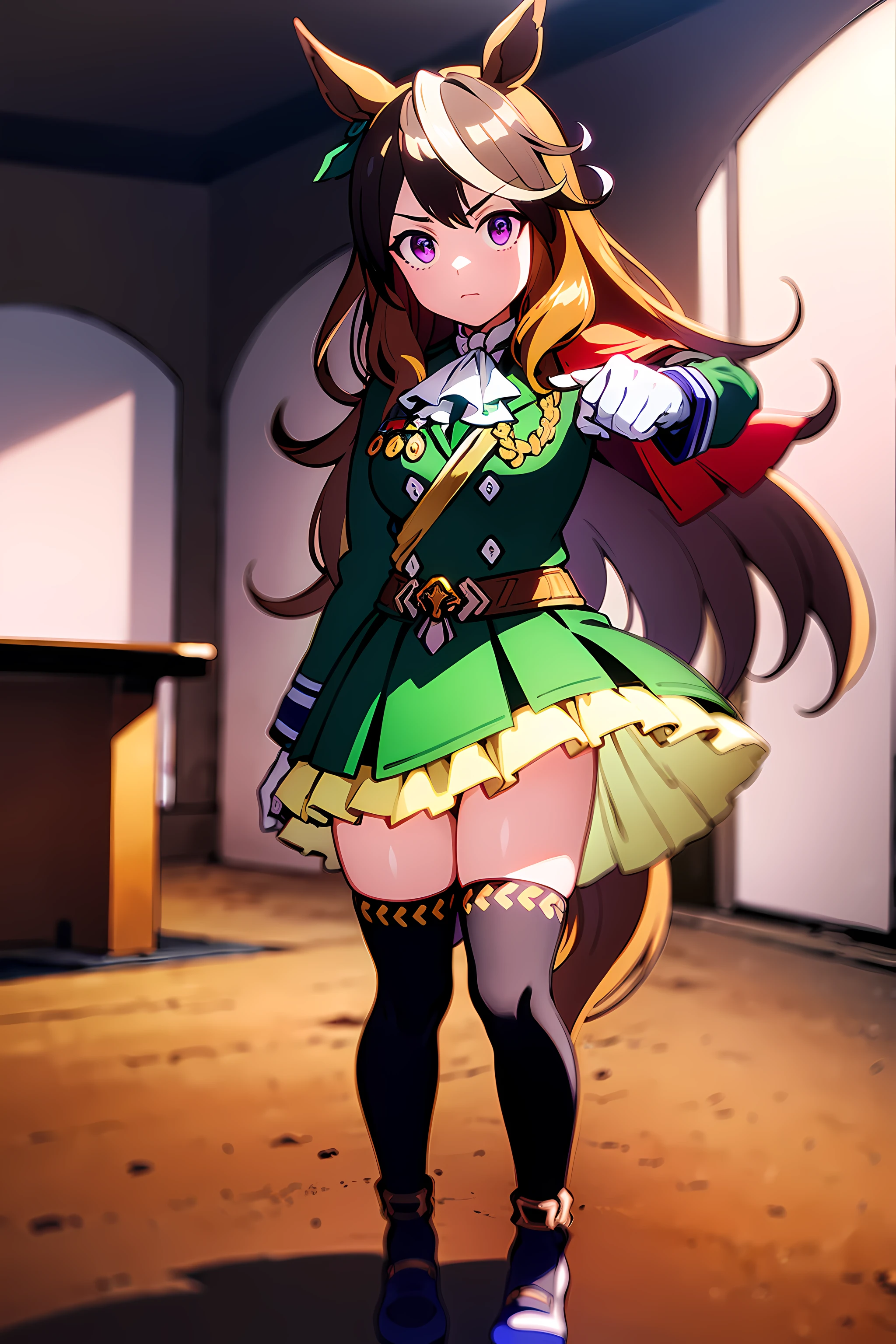 (top-quality:1.3), (​masterpiece:1.4),(Anatomically correct), (Full limbs),(complete fingers),(Precise fingertips), (Fine details),(8K),Photorealista,(Super Detail),(90s Anime,9 0 s anime,9 0 s anime style,anime cels,cel shaded anime),(Symbolic Rudolph (Umamusume):1.52), horse ear, animal ear, 独奏, Horse Girl, tailed, Horse's tail, thighs thighs thighs thighs, brown haired, gloves, length hair, O cabelo multicolorido, black thighhighs, white glove, epaulette, Single epaulette, striated hair, Cape, a purple eye, red cape, jewely, ascot, long-sleeve, white  hair, Black footwear, 耳Nipple Ring, White Ascot, Single earring, skirt by the, Ezirre, Green jacket, frilld, jaket, hair between eye, Green skirt, Ruffled skirt, a closed mouth, bangss, buttoning, gold trim, a belt, Green dress, doress, medal, (1人の女性:1.5), Beautiful face, Intense lighting),raw, Dramatic light,