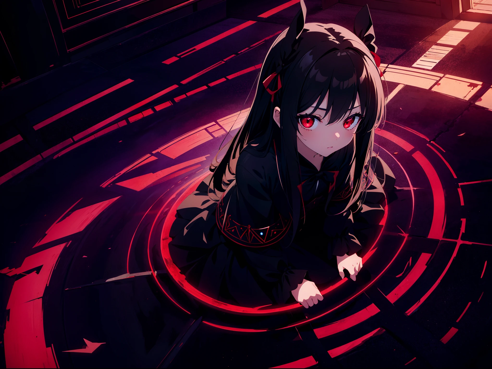 1 **** girl ,cinematic angle, (from above:0.8) , (Summoning darkness), full body, blood magical circles, dark lighting, (rape face) ,black long straight hair, hair ribbon , red eyes,black dress, glowing eyes,((masterpiece)), ((best quality)), ((ultra-detailed)), (illustration), ((an extremely delicate and beautiful))