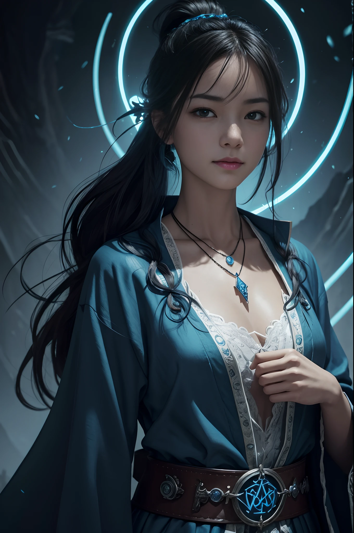 Medium color portrait illustration of attractive female wizard in ponytail、In the style of Adrian Geny、Smiling at the long, loose, flowing blue intricately embroidered wizard's robe、​masterpiece、top-quality、ighly detailed(Dungeon Background)、mage_glam、a necklace、porche、a belt、(Large glowing rune circles)、Fire and ice、Cast a spell、extra detailed face、超A high resolution、In the style of Adrian Geny、 Esao Andruwes、Jenny Saville、Endward Hopper、surrealism、Dark Art by James Jean、Takato Yamamoto、Inkpunk Minimalism、Best Quality Detail、realisitic、hight resolution、high quality texture、epic lighting、Cinematic film stills、8K、softlighting