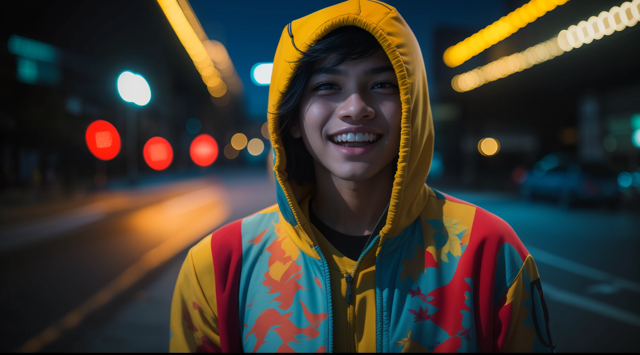 a beautiful malay teenage boy in torn yellow tracksuit standing in a dark empty city street, crazy happy face, hand on head, blue and red neon light in background, nighttime, 35mm lense, Top-Down Shot, Deep Focus cinematography effect, Natural Lighting, cool-toned color grading, high quality, ultra detail, 8k resolution,