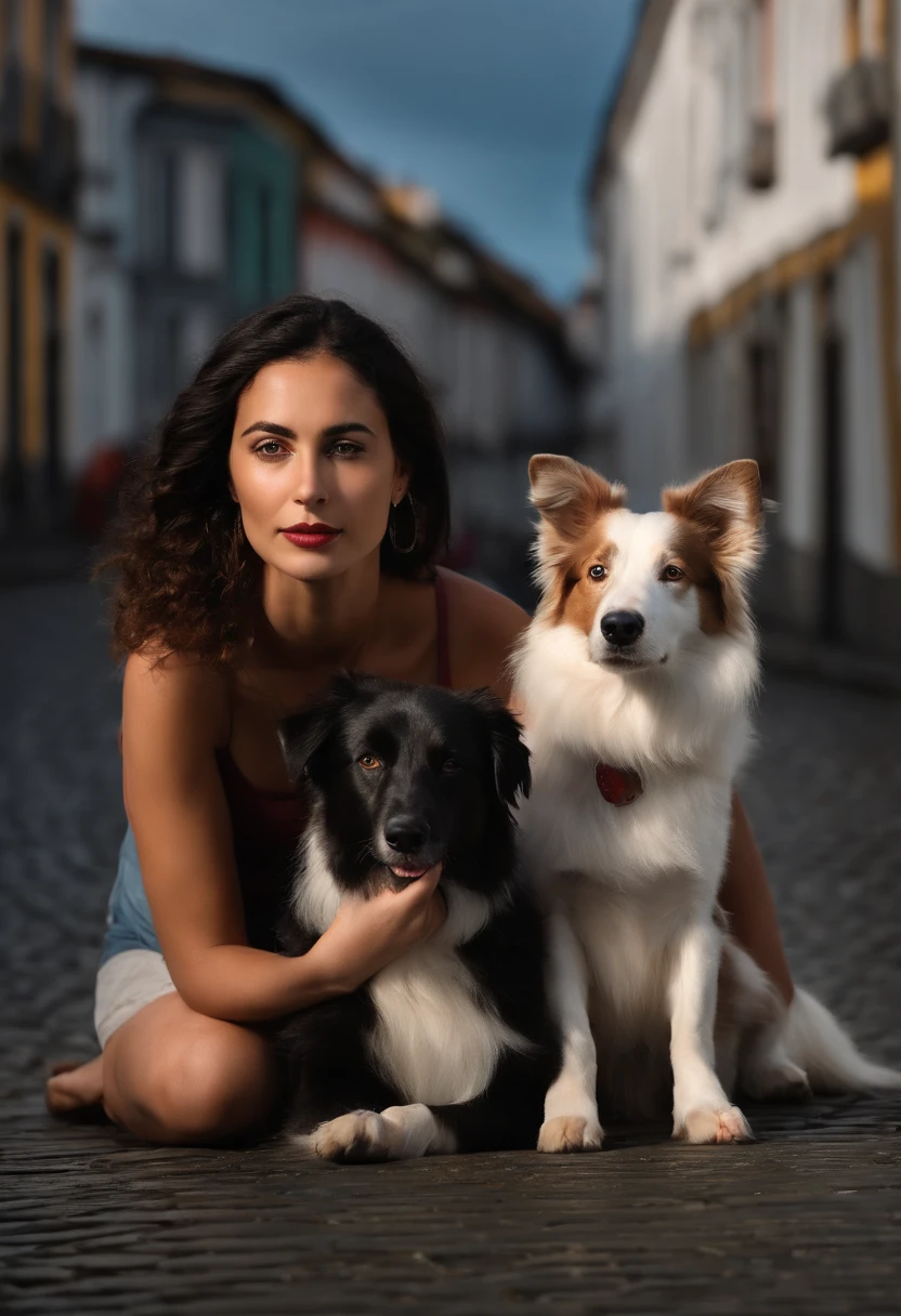 Fotorrealista de uma jovem morena, 39 anos, with a female Border Collie by her side in the city of Ponta Delgada