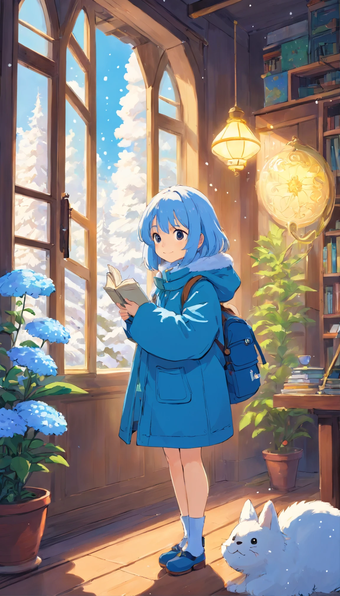 heal，Reject EMO，Very happy，Very happy，Face life with a smile，rays of sunshine，long whitr hair，down jacket，Cloud commissary，Cloud pillows，It was snowing outside the window，Oversized floor-to-ceiling windows，snowflower，looking at book，Small blue flower