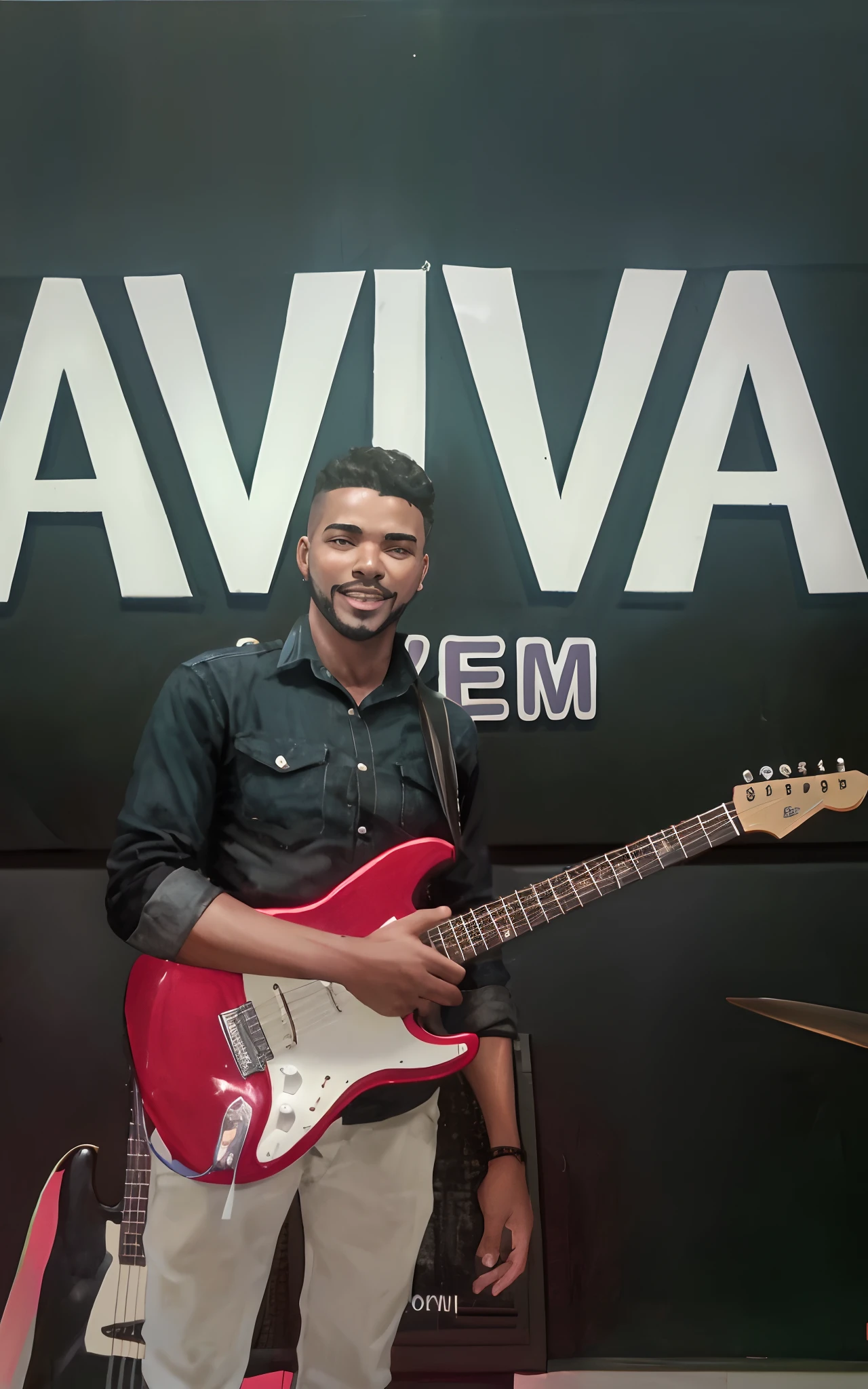 Homem Arafed segurando uma guitarra vermelha na frente de uma placa, Directed by: Samuel Silva, david rios ferreira, Nick Silva, Directed by: Willian Murai, by João Artur da Silva, Directed by: Ramon Silva, joe alves, Pablo Oliveira, caio santos, Henry Alvim Correa, Directed by: Emerson Silva, Malika Favre
