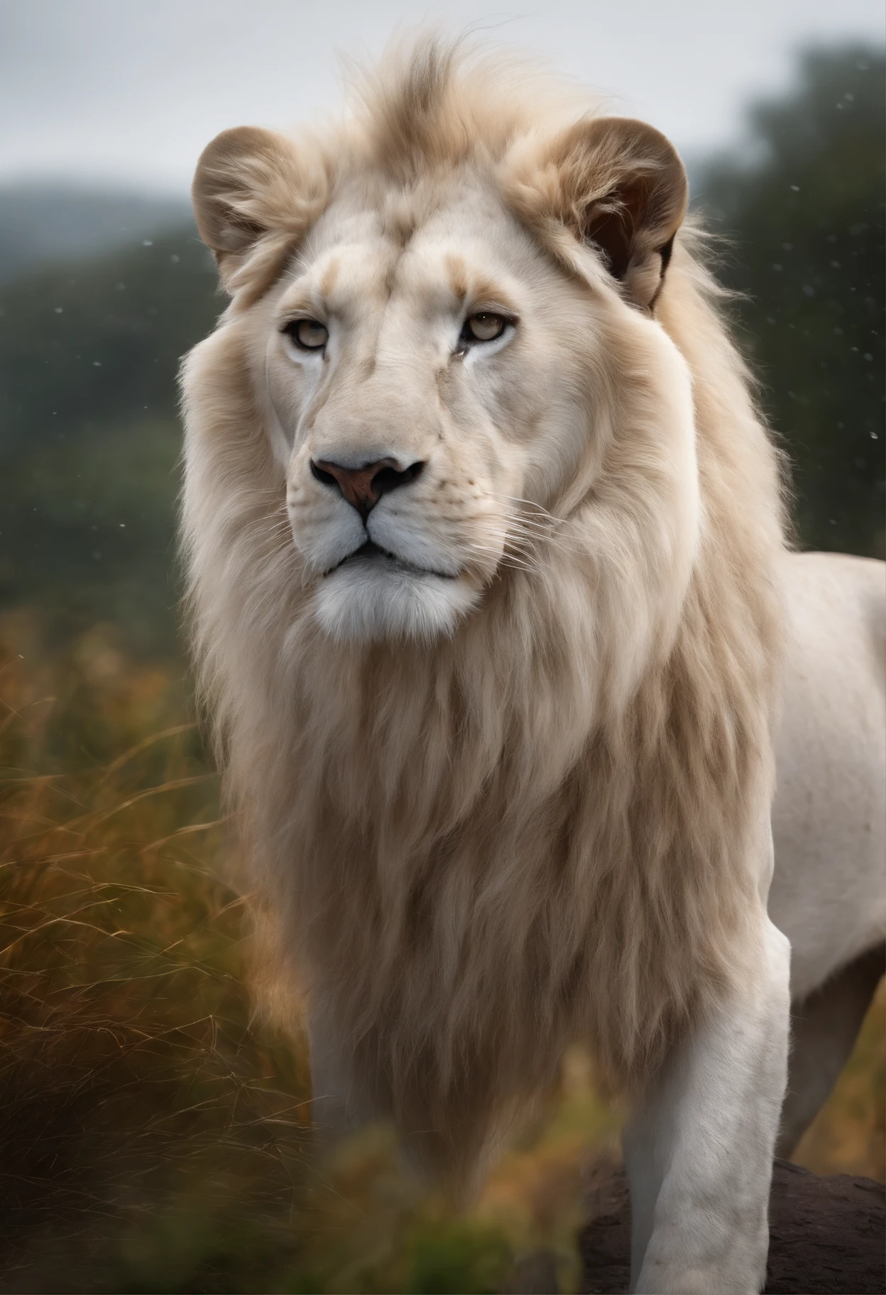 White lion, wet fur, heavy rain, on a riverbank, vibrantly colored vegetation in the environment, ultra detailed, intricate artwork, 8Khyper realistic cover photo dazzling in color, lighting night in the background, intricate. definition of blockbuster, cinematic, 8k resolution photo realistic masterpiece:
