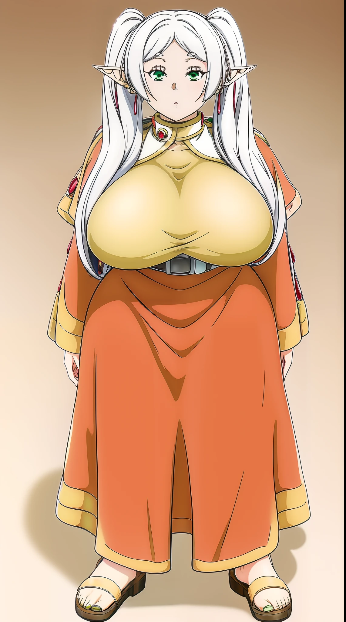 frieren, 1girl, earrings, elf, long hair, pointy ears, solo, twintails, green eyes, earrings, white hair, looking at viewer,full body, flipflops, bimbo, curvy, huge breast