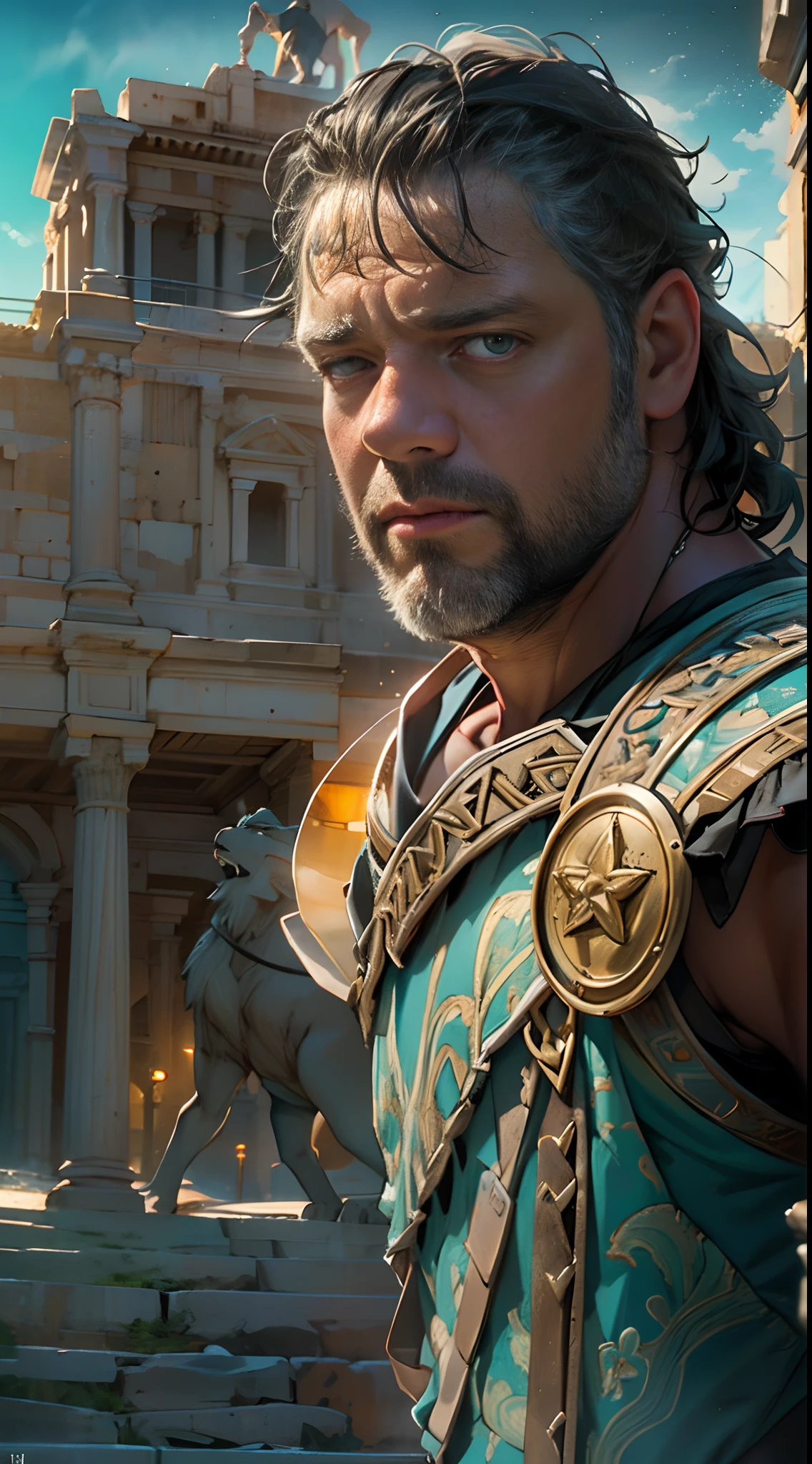 Colosseum, Russell Crowe（Russell Ella Crowe）Played by Maximus（gladiator），Short dark brown hair，Small waves，Fight the lions，wounded,dynamicposes，Meticulous muscle definition, Realistic depiction, 4K quality. Background: Ancient Roman Colosseum,32k ULTRAHD, Best quality, Masterpiece, Super detail, High details，Correct anatomy，Ultra photo realsisim, fearsome, Dark fantasy, epic realistic, Faded, ((com cores neutras)), (hdr:1.5), (pastel colour:1.2), ultra - detailed, (Art Station:1.5), Cinematic, warm lights, Light effect, Dramaticlight, (Intricate details:1.1), the complex background, (greg rutkovsky:0.8), (Teal and orange:0.4），