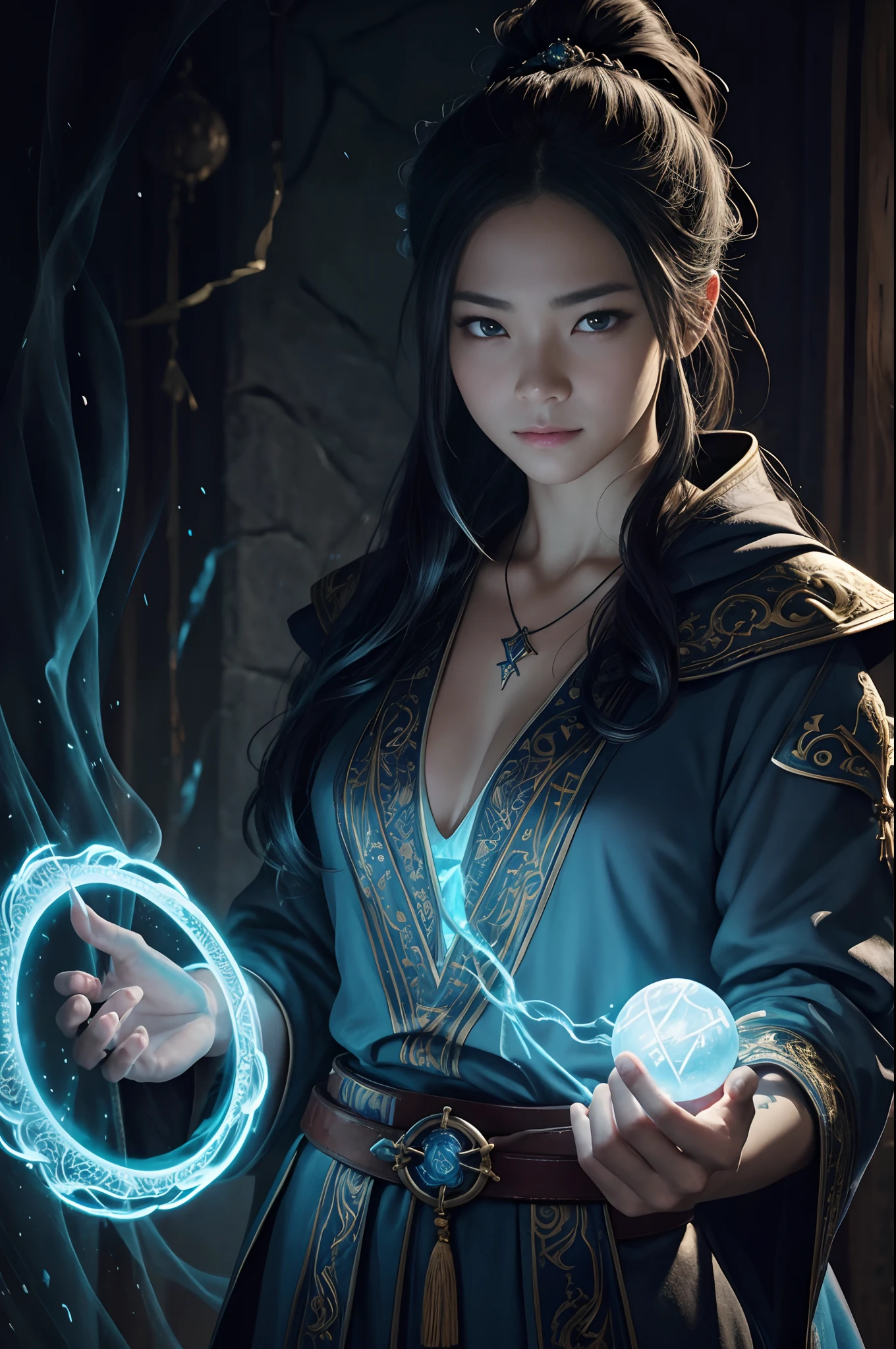 Medium color portrait illustration of attractive female wizard in ponytail、In the style of Adrian Geny、Smiling at the long, loose, flowing blue intricately embroidered wizard's robe、masterpiece、top-quality、ighly detailed(Dungeon Background)、mage_glam、a necklace、porche、a belt、(Large glowing rune circles)、Fire and ice、Cast a spell、extra detailed face、超A high resolution、In the style of Adrian Geny、 Esao Andruwes、Jenny Saville、Endward Hopper、surrealism、Dark Art by James Jean、Takato Yamamoto、Inkpunk Minimalism、Best Quality Detail、realisitic、hight resolution、high quality texture、epic lighting、Cinematic film stills、8K、softlighting