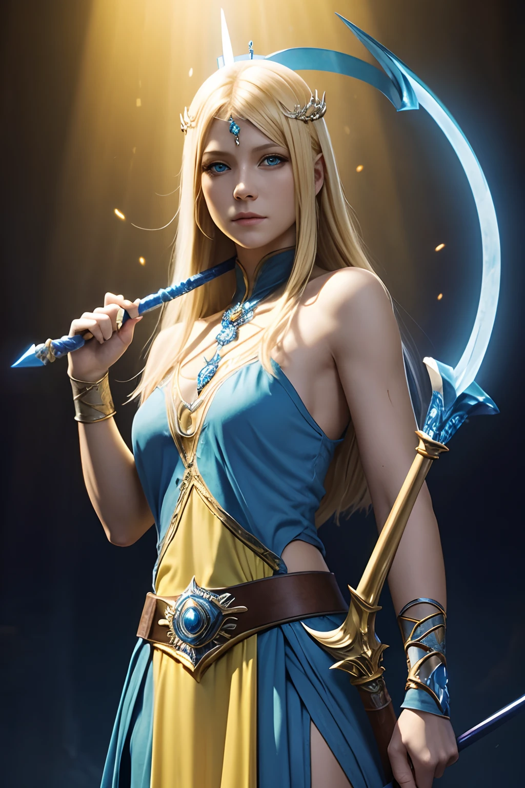 blonde druidess, with blue scepter, slightly bare, rpg style, yellow halo of light, no background.