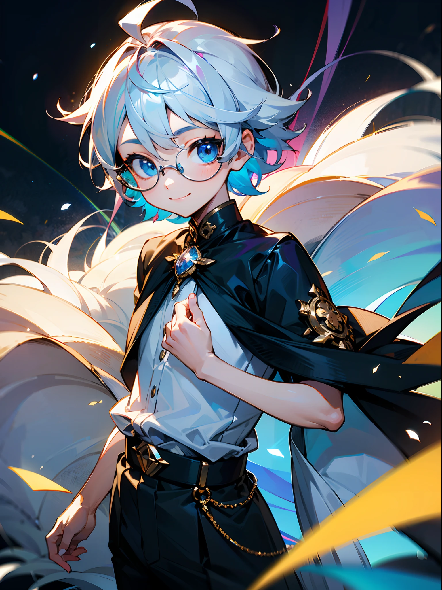 (Male child, eye glasses,blue eyess,A smile, silber hair),独奏、Iridescent background、Leader Model Pose