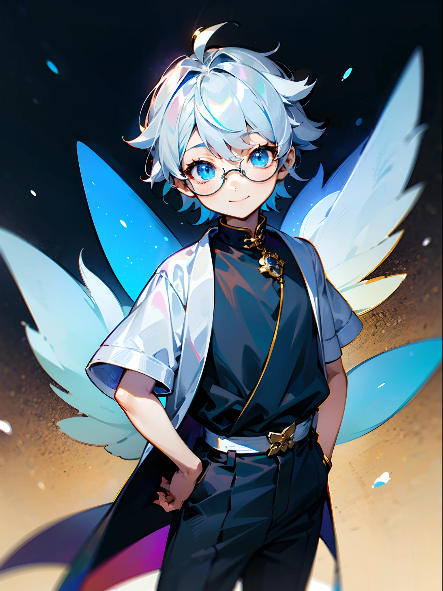 (Male , eye glasses,blue eyess，A smile, silber hair)，独奏、Iridescent background、Leader Model Pose