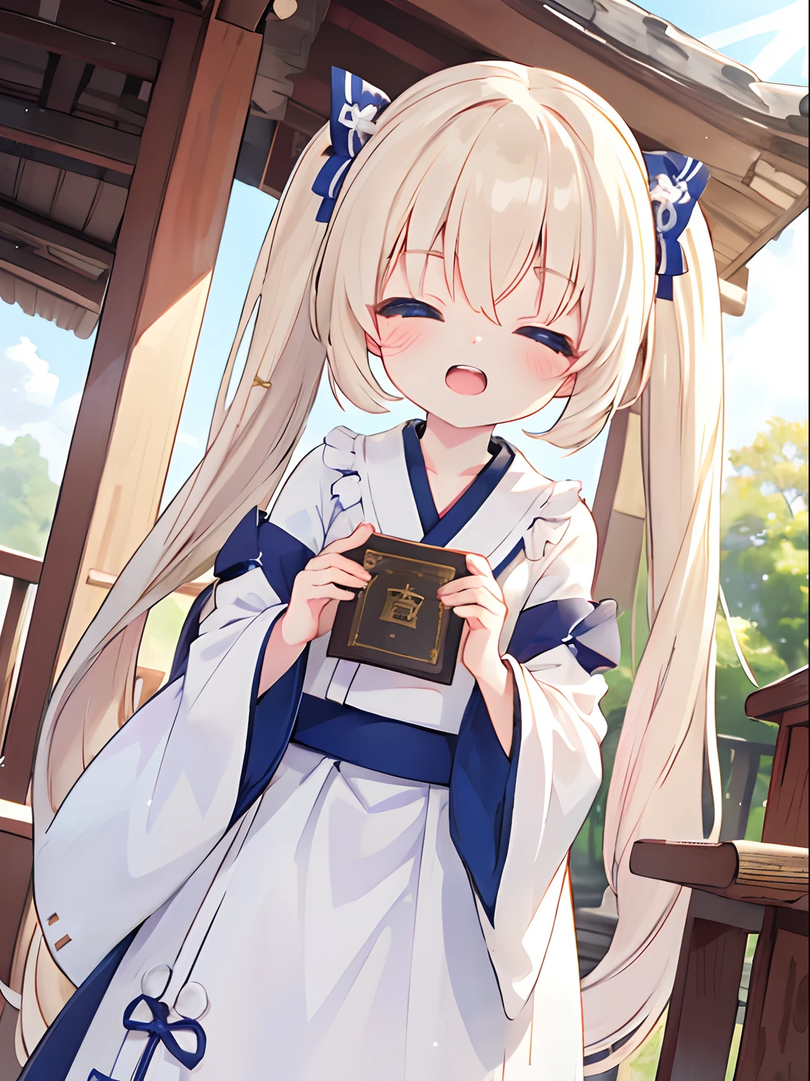 ((4K, master piece, Best Quality)), Cute s,pale blond hair, Blue eyes,very long twintails,Laugh,double tooth,Closed eyes,Looking at Viewer,Lens Flare, shrine maiden, shrine