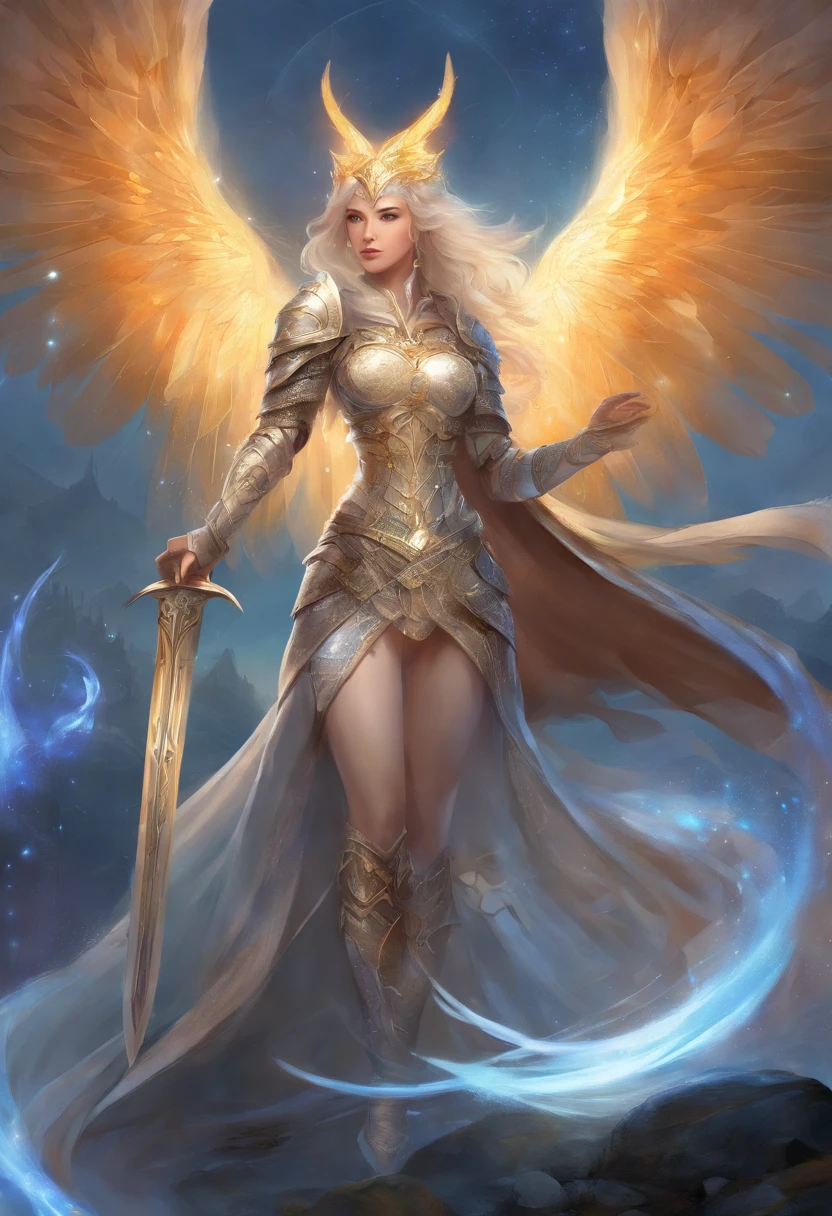 (Masterpiece, Top quality, best quality, official art, beautiful) a girl，medium Breast, a general, Dignified and dignified in appearance，Skilled white longhair，A robust and sturdy figure，Wearing chain mail armor，Holding a sword
