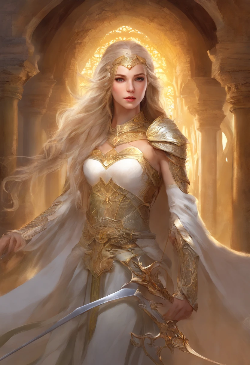 (Masterpiece, Top quality, best quality, official art, beautiful) a girl，medium Breast, a general, Dignified and dignified in appearance，Skilled white longhair，A robust and sturdy figure，Wearing chain mail armor，Holding a sword