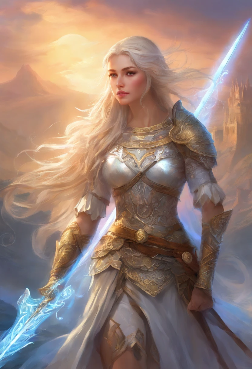 (Masterpiece, Top quality, best quality, official art, beautiful) a girl,medium Breast, a general, Dignified and dignified in appearance,Skilled white longhair,A robust and sturdy figure,Wearing chain mail armor,Holding a sword