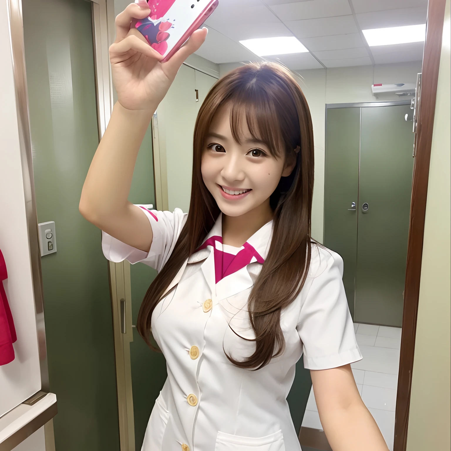 a beauty girl Amazing smile Suck your mouth Fluttering White nurse uniform Breasts are big eyes large Brown hair straight haired japanes hospitals a miniskirt Erotic feeling selfee