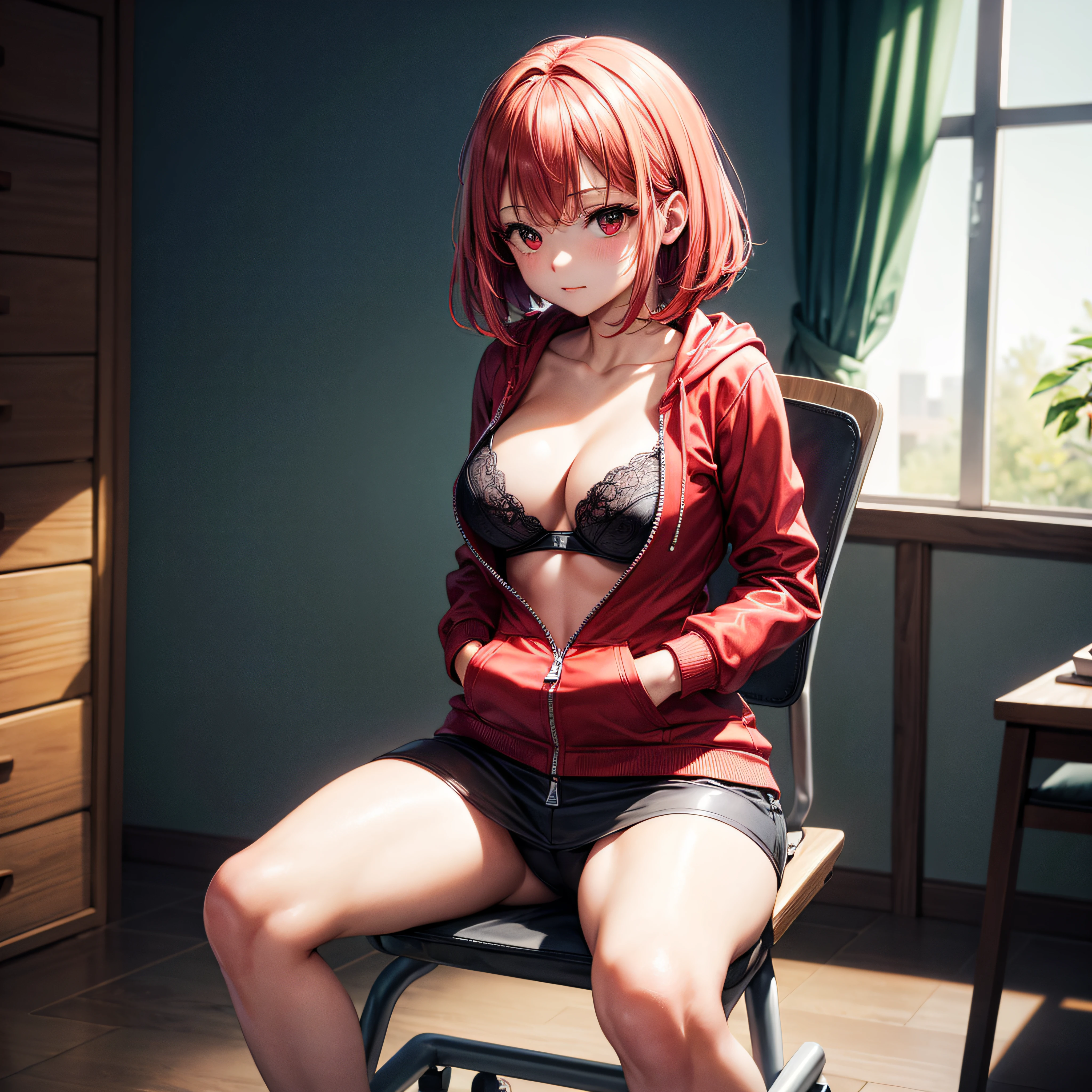 realisitic、top-quality、sit a chair、((One Woman:1.5))、Red hair、a short bob、red eyes、inside in room、Medium chest、Red Zip Up Hoodie、no brassiere、JINS、Fully open zipper
