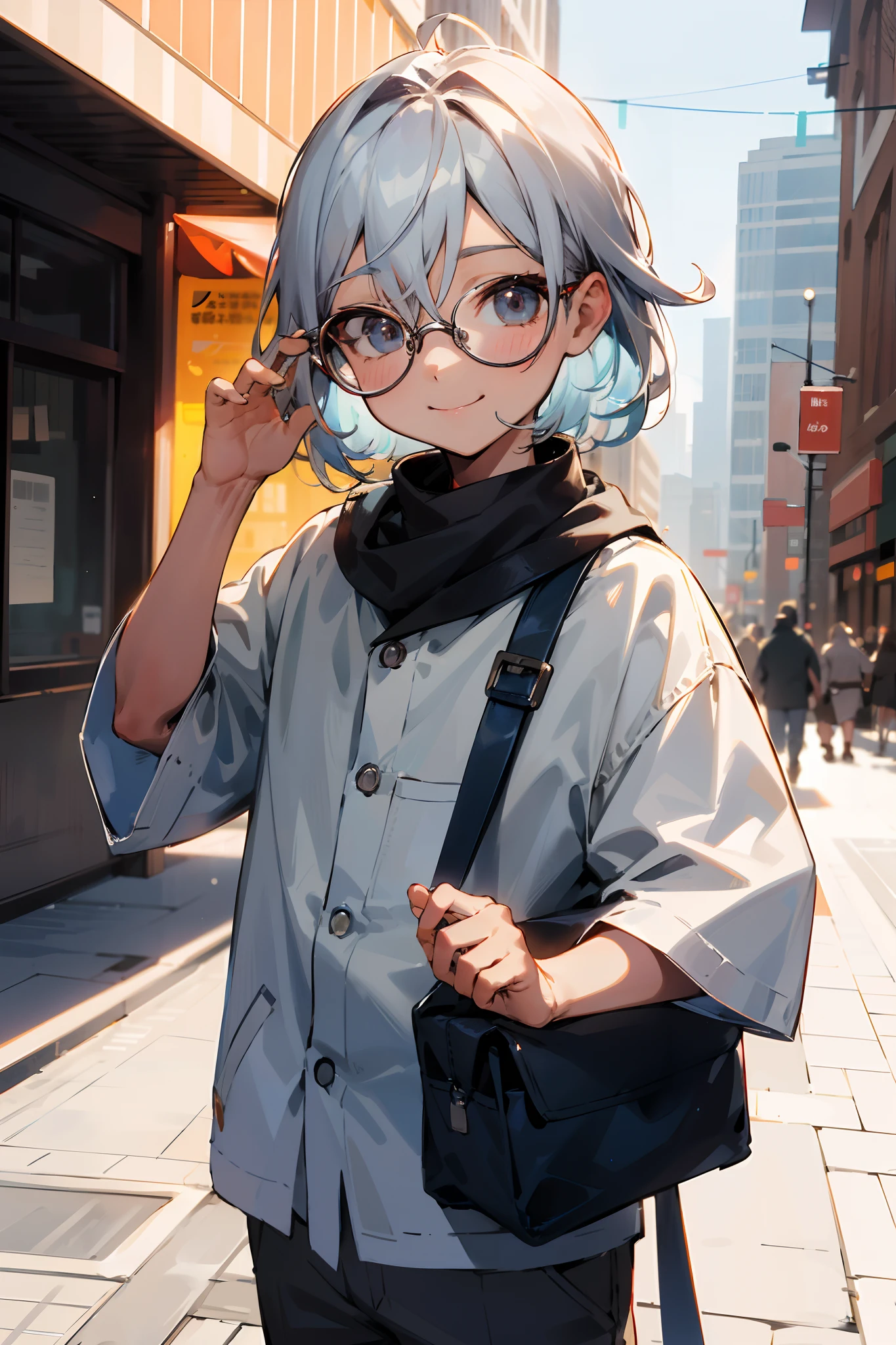 (morning), Male child, eye glasses,Soio, Look at the viewer,, Cowboy Shots, (down town), A smile, silber hair