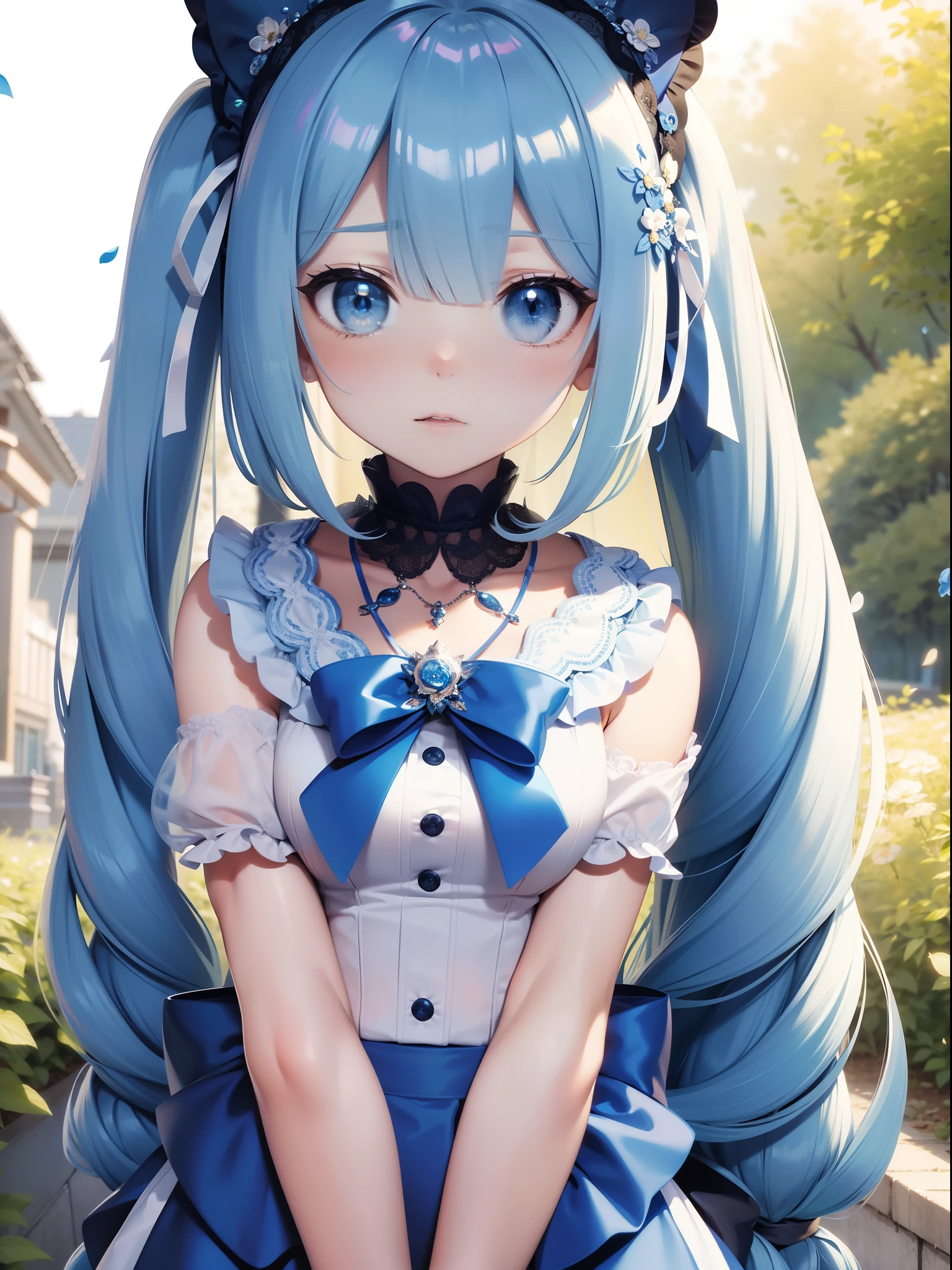 shopping in caddy shop, masterpiece, best quality, ultra-detailed, illustration, 1girl, solo, close-up, ((surprised)), (glowing blue_eyes:1.3), blush, eyebrows_visible_through_hair, long_hair, hair_ribbon, ribbon, frills, lace, white_dress, cute, soft_shading, watercolor, pastel_colors, flower, petals, bokeh, (big sized accessory on hair:1.3), necklace,