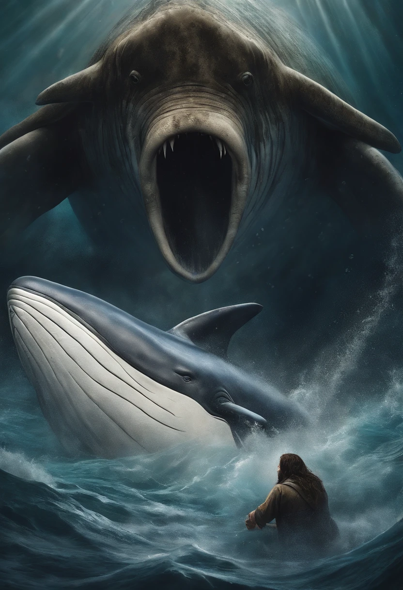 Draw a vivid Jonah scene, Prophet of God, A moment of desperate prayer in the huge belly of a giant whale.
Jonas knelt wet, Slippery ground, Illuminated by the dim light entering from the whale's mouth.
he is wearing ragged clothes,The facial features exude pain and humility.
Around Jonas, The inner walls of whales are rough, Moist texture, Some kind of marine residue is visible.
Jonah raised his hand in prayer, tear in her eyes, For His Word is addressed to God.
The figure of the giant whale hovers above Jonah, Show His greatness and darkness, In stark contrast to the smallness and fragility of the prophet.