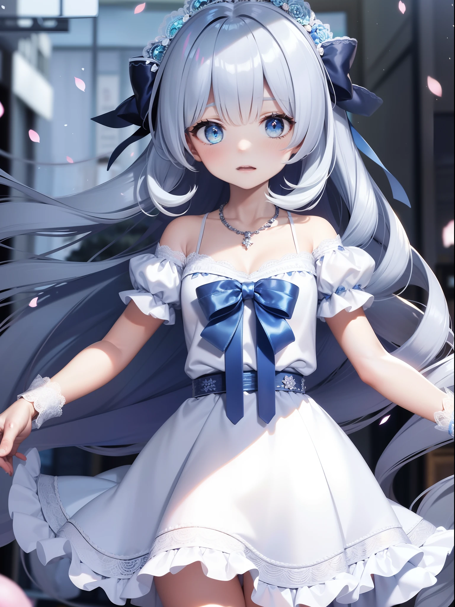 shopping in caddy shop, masterpiece, best quality, ultra-detailed, illustration, 1girl, solo, close-up, ((surprised)), (glowing blue_eyes:1.3), blush, eyebrows_visible_through_hair, long_hair, hair_ribbon, ribbon, frills, lace, white_dress, cute, soft_shading, watercolor, pastel_colors, flower, petals, bokeh, (big sized accessory on hair:1.3), necklace,