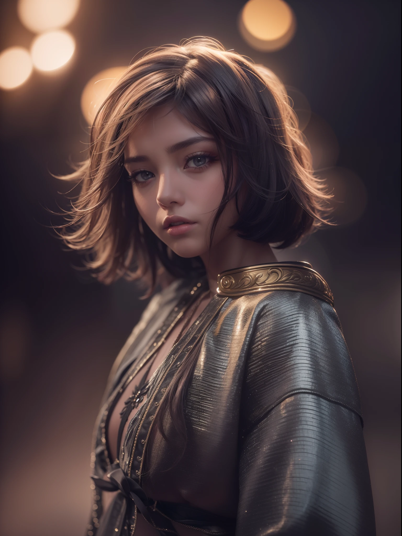 (best quality,4k,highres:1.2),ultra-detailed,realistic,photorealistic:1.37,A girl in a dark and moody setting,portrait blurred background,metallic outfit,shot with Sony Alpha 7 DSLR,beautiful detailed eyes,beautiful detailed lips,emotionally expressive face,long eyelashes,dark mysterious atmosphere,magical lighting,golden hour glow,reflective surface,high contrast,soft shadows,mysterious mist,subtle hints of fog,lens flare,chromatic aberration,rich and vibrant colors,dramatic pose with a slight tilt of the head,focus on the girl's face,subtle bokeh effects
