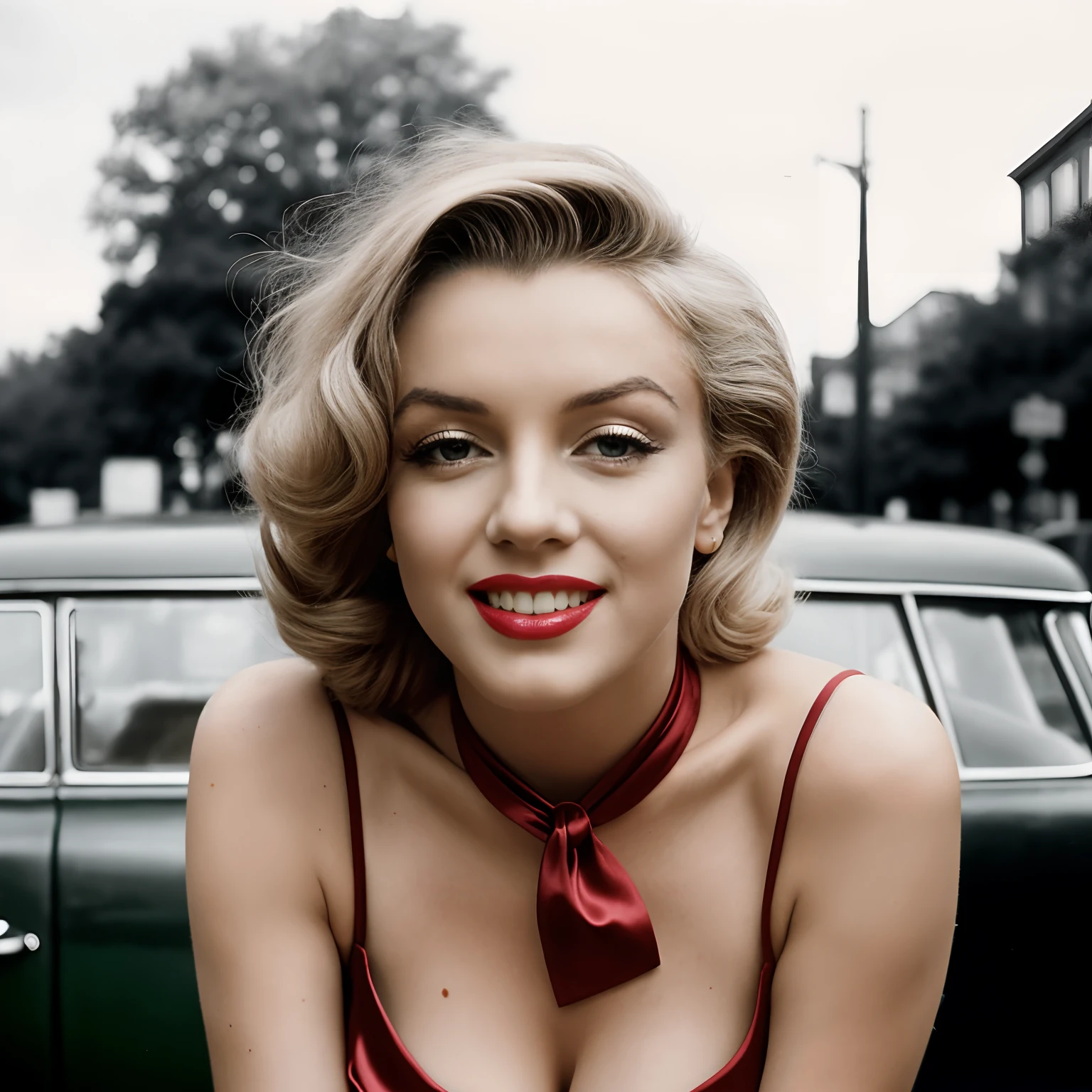 paparazzi photo of Marilyn Monroe smiling and posing for a photo shoot on a New York street, very diffuse light, skin moles, sensual, no cleavage, wearing a satin lemon color full dress from 1950, wearing a blue silk scarf around her neck, green_eyes, red lips. Retro scenery in the background, 1950s cars, greyscale, 1950s (highly detailed skin:1.2), 16k, High details. ultra high res.photorealistic:.1.4,UHD, DSLR, soft lighting, high quality, grain film, FujifilmXT3