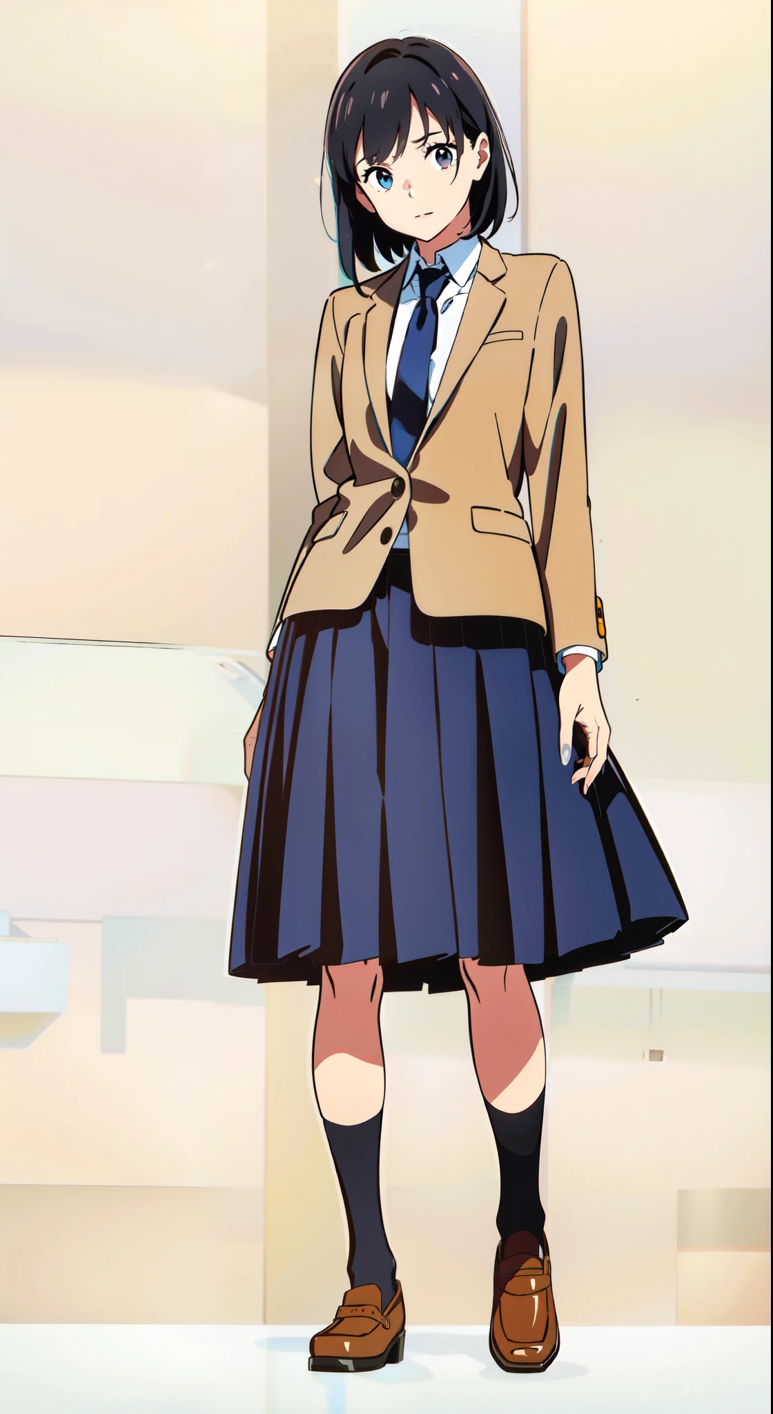 (standing:1.2), (looking at viewer:1.2), (white background:1.1), (best quality:1.1), (masterpiece:1.1), (full body:1.0), (solo:1.0), (a 18yo cute girl:1.0), (long skirt:1.0), (dark blue skirt:1.0), (pleated skirt:1.0), (school uniform beige blazer:1.0), (dark blue necktie:1.0), (black socks:1.0), (loafers:1.0), (lanky:1.0), (tall:1.0), (slender:1.0), (small breasts:1.0), (detailed beautiful eyes:1.0), (detailed beautiful face:1.0), (glowing black eyes:1.0), (short hair:1.0), (strait hair:1.0), (black hair:1.0)