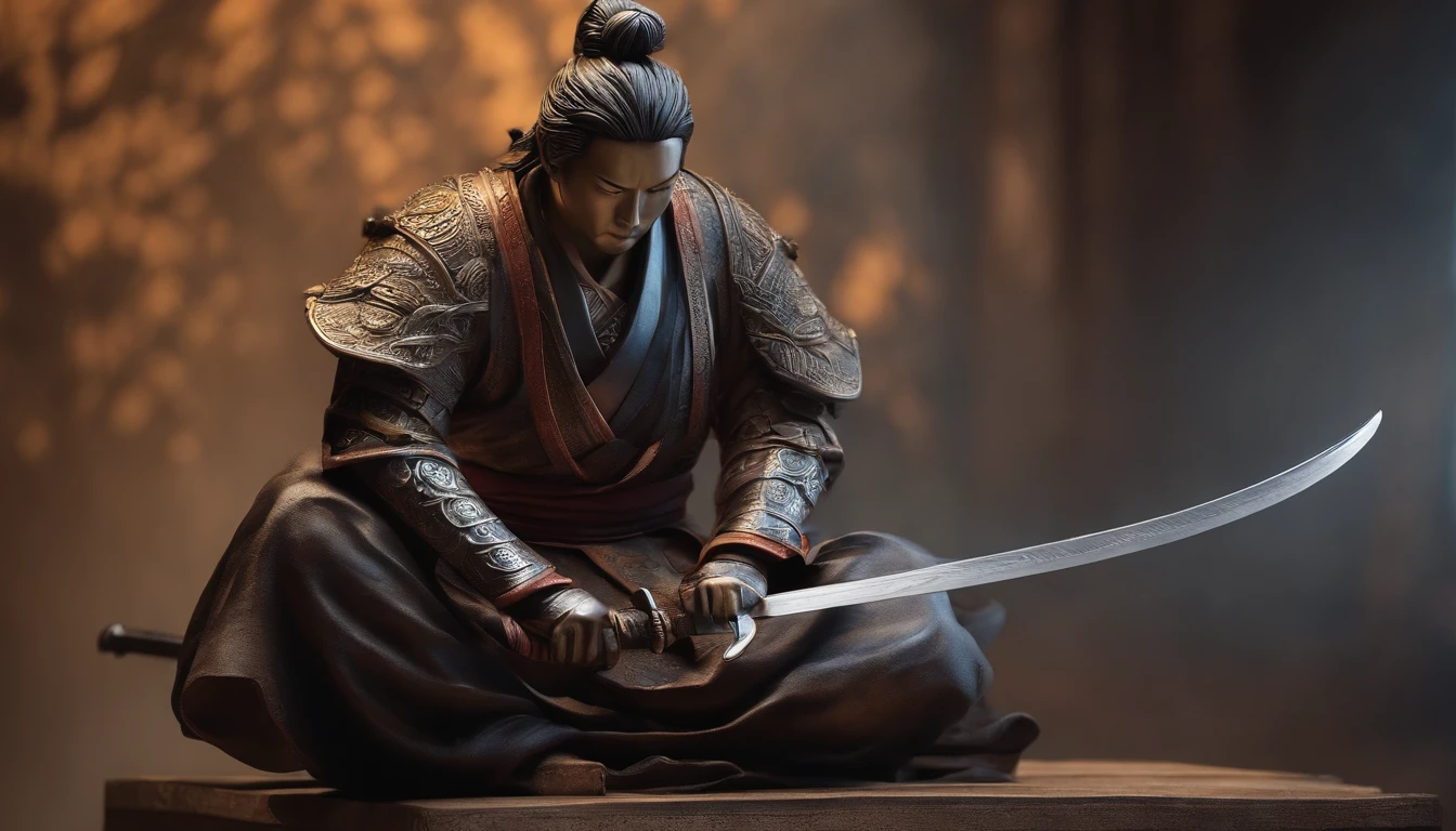 Drawing a metal statue of Musashi in a meditative pose, With a sword and a scroll.