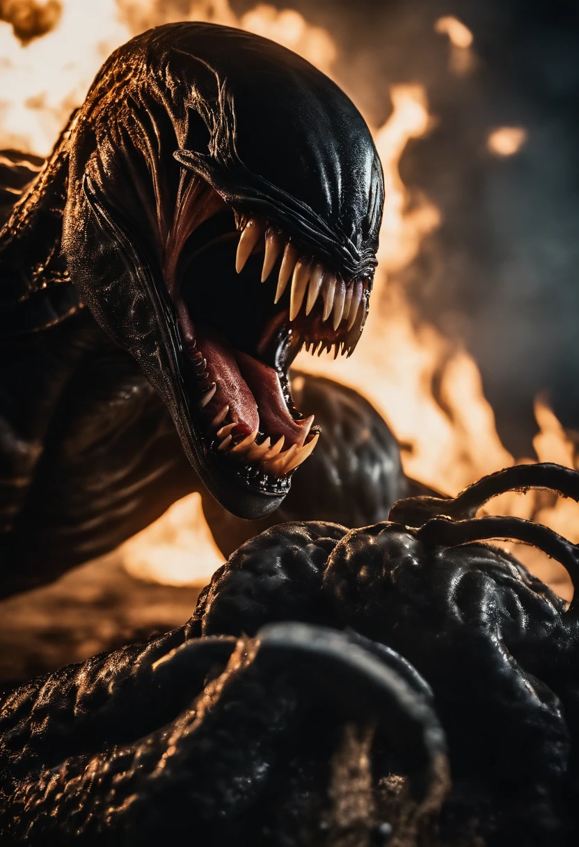 Venom in slime form, scary, long tongue , evil, enemy, fighting, attacking pose, screeming, fire, explosions
