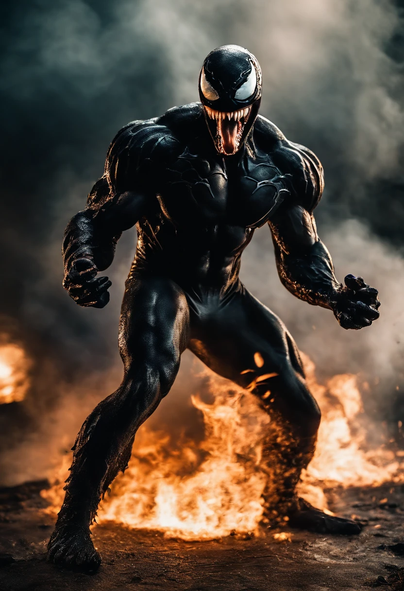 Venom in slime form, scary, long tongue , evil, enemy, fighting, attacking pose, screeming, fire, explosions