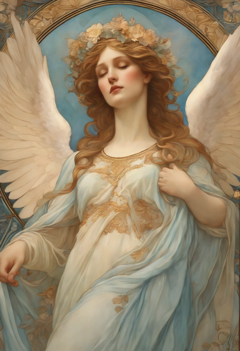 A highly defined super detailed watercolor painting, an angel, soft gaze, flower, detailed cover art, with wings, Halo of Holiness, observing, In the style of Alphonse Maria Mucha and Gustave Kilmut, Art Nouveau Accents, Alphonse Mucha, Gustavo Klimt , pale bluish skin, a marble sculpture, CGSesociedade, Gothic art, Art Nouveau, Behance contest winner