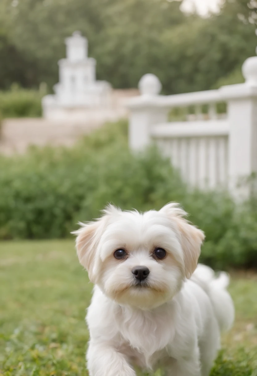 Eu quero 3 imagens tamanho 16.9, of a Maltese dog playing with several other breeds of dogs in the garden of a beautiful enchanted world with castle and lake in the background. Put a ribbon bow on the dog