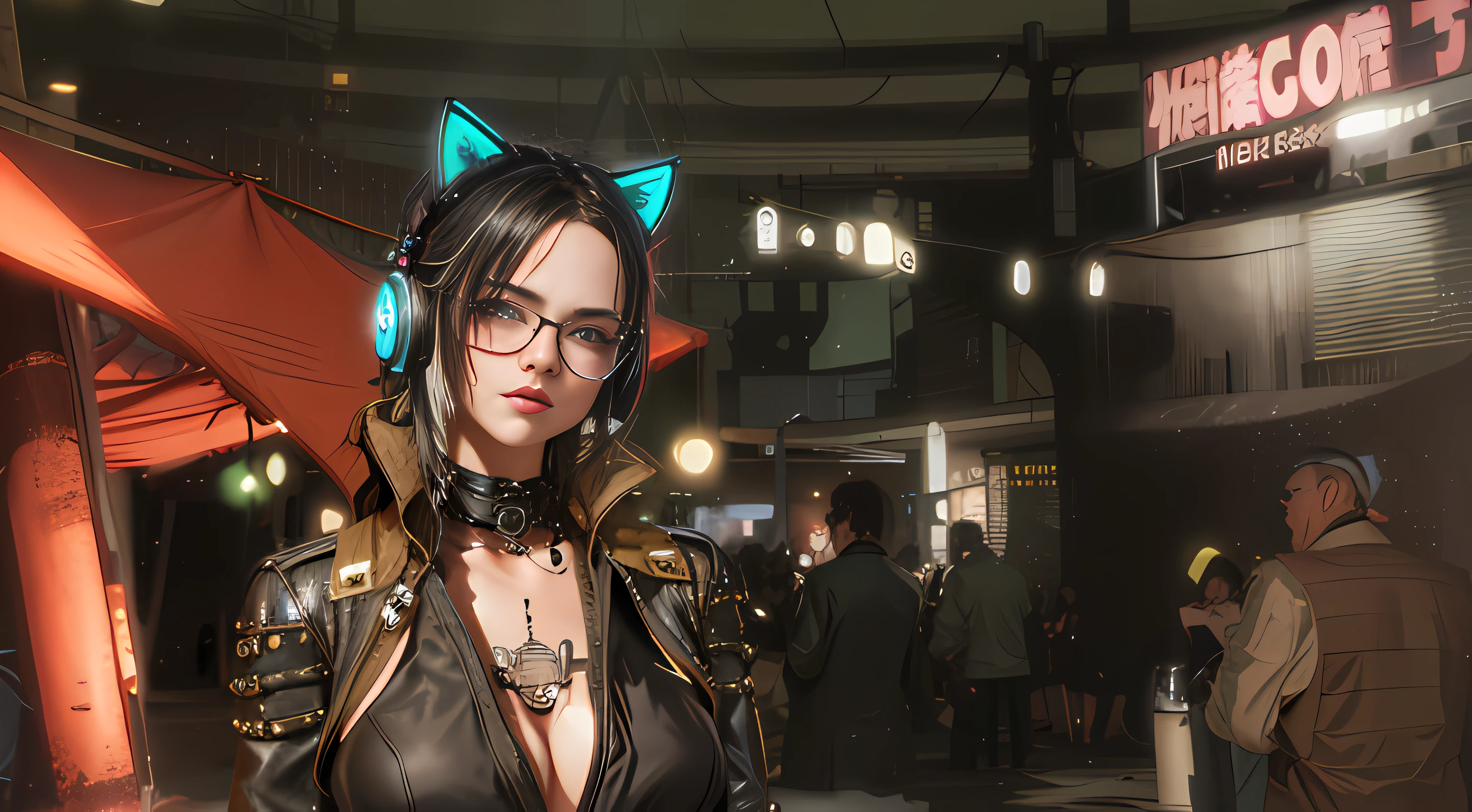 Es gibt eine Frau in einem schwarzen Oberteil und Katzenohren, Diesel Punk Weiblich, Cyberpunk Angry Gorgeous Goddess, Attractive cat girl, Katzenohren aus Metall und leuchtende Augen, Cyberpunk-Katze, Cyberpunk femme fatale, frau mit katzenohren, Cyberpunk Judy Alvarez, cat girl, Cyberpunk Jackie Welles, Eine niedliche Steampunk-Kattunkatze, Kybernetische Hasenohren tragen, Cyberpunk Frauen