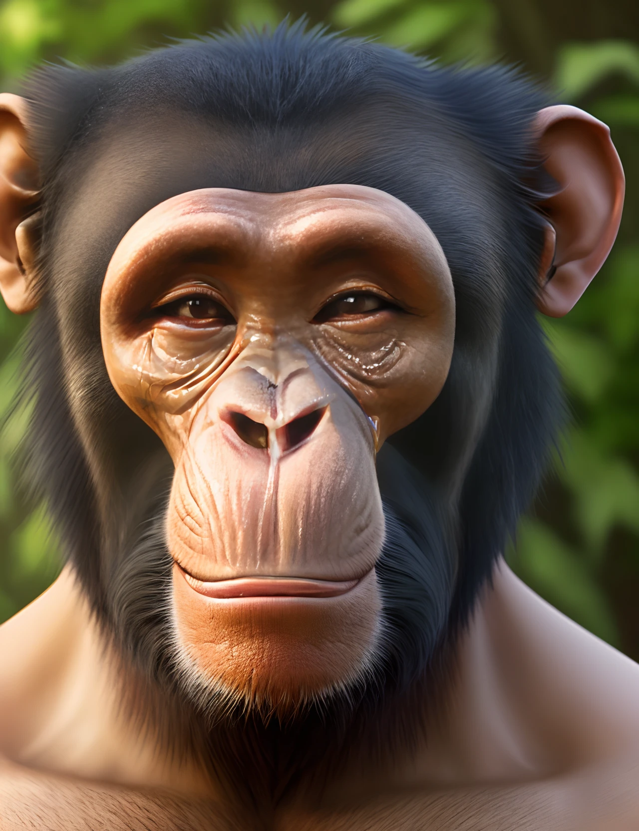 Realistic male chimpanzee face with realistz bear face on top