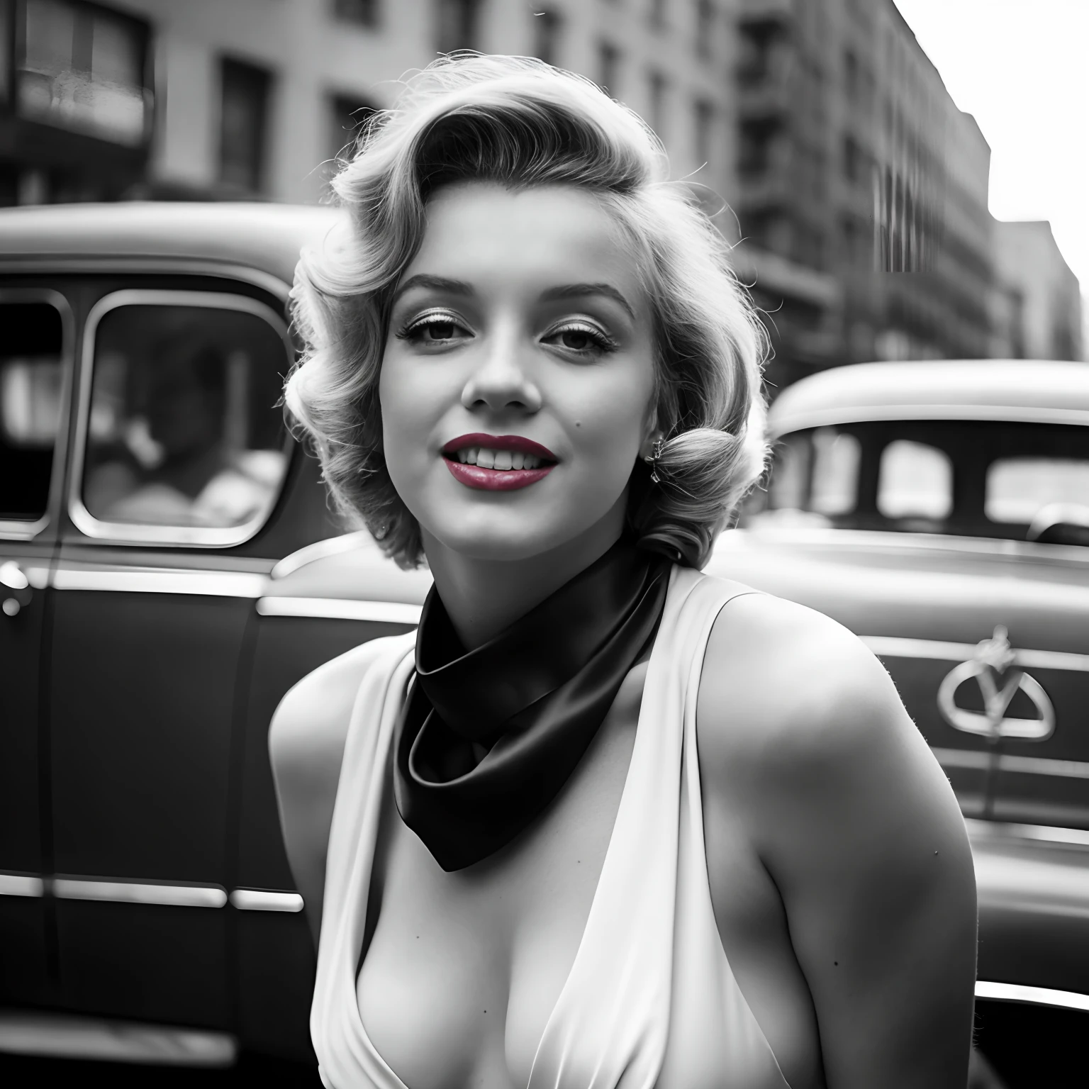 paparazzi photo of Marilyn Monroe smiling and posing for a photo shoot on a New York street, very diffuse light, skin moles, sensual, no cleavage, wearing a satin lemon color full dress from 1950, wearing a blue silk scarf around her neck, green_eyes, red lips. Retro scenery in the background, 1950s cars, greyscale, 1950s (highly detailed skin:1.2), 16k, High details. ultra high res.photorealistic:.1.4,UHD, DSLR, soft lighting, high quality, grain film, FujifilmXT3