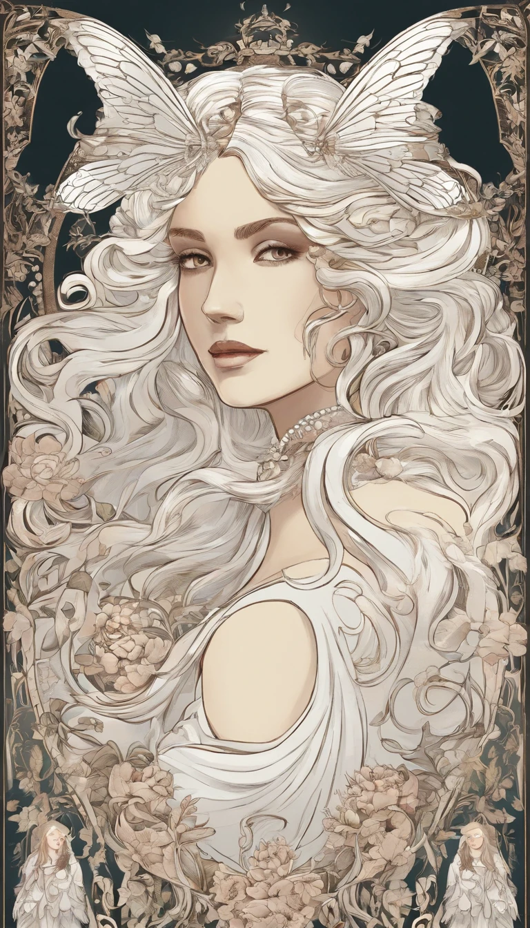 White moth like human. Big poofy victorian dress. Long hair white hair . White eyes. Rosey cheeks. Long poofy dress. White eyes