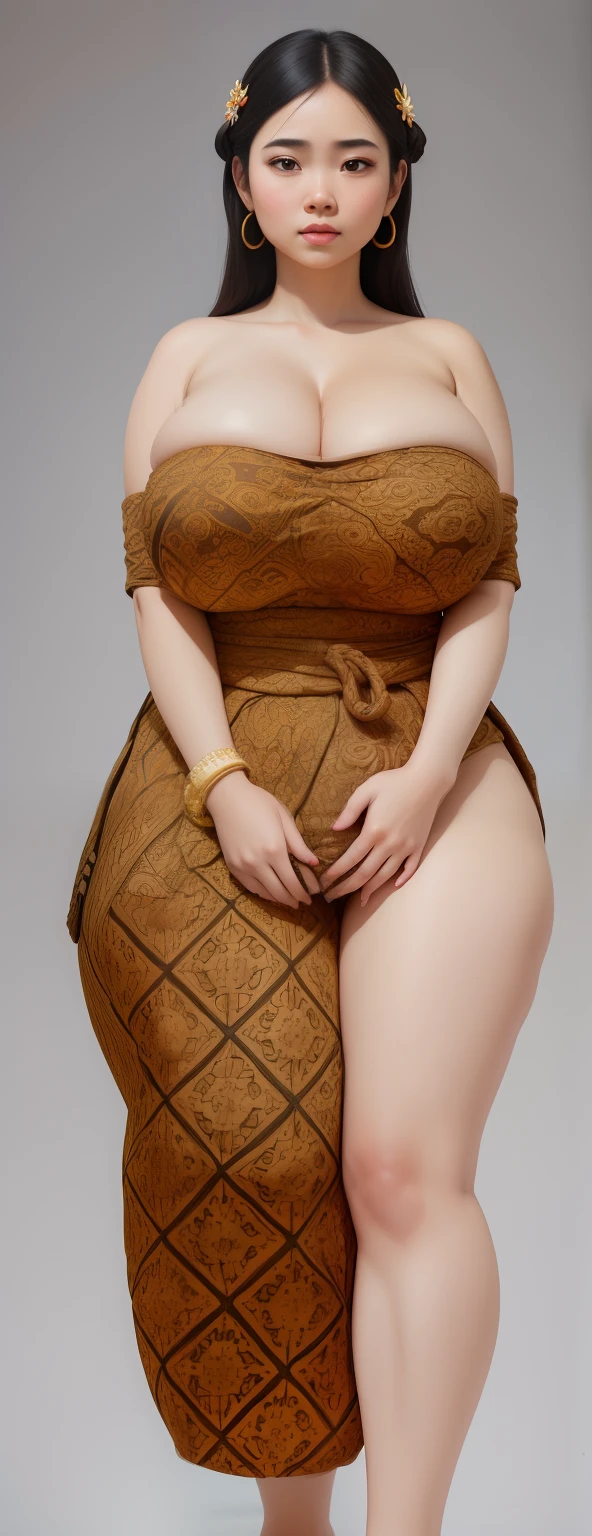 (best quality), big head, (1girl with gigantic breasts:1.3)  Batik , batik Kemben , Kemben Traditional , Indonesian Traditional , Culture  , Holding Clay Pot,  Korean , White Pale Skin Tone , Details , Indonesian Culture , UHD , 8K , Black Hair , Details Hand , Fat Girl , natural , None Accessories, Clay Pot , Fat Belly , Clay Pot Size