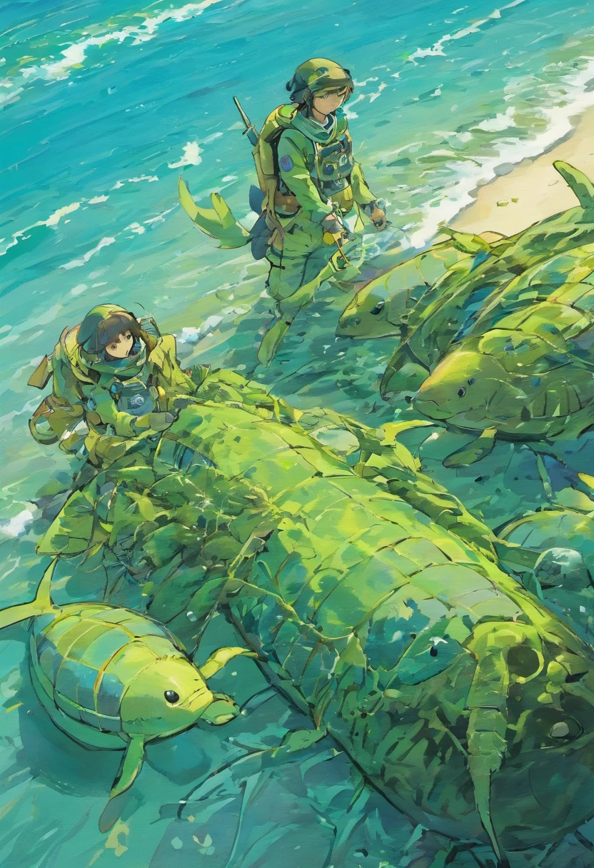Polluted seawater,Dead fish floating in green water
Turtles lie dying on a beach full of garbage
Fishermen wearing protective masks protest by the sea
Scientists in protective suits take seawater samples to test for radioactivity
Dolphins and whales stranded on the beach struggle in pain
The feathers of seabirds fall off,Can't fly
The fish in the sea are swollen and deformed,Tumor overgrowth
Seaweed withers,Coral bleaching
Children wearing protective masks playing on contaminated beach
Mother in protective suit holding sick child crying
Abandoned nuclear power plants stand by the sea
Angry crowds held placards protesting the discharge of nuclear wastewater