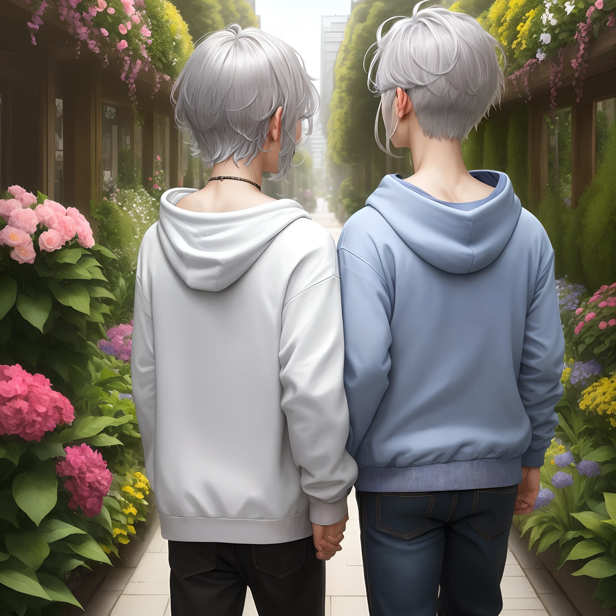 Man Silver Hair Mash Blue Hoodie Back View Flower Garden