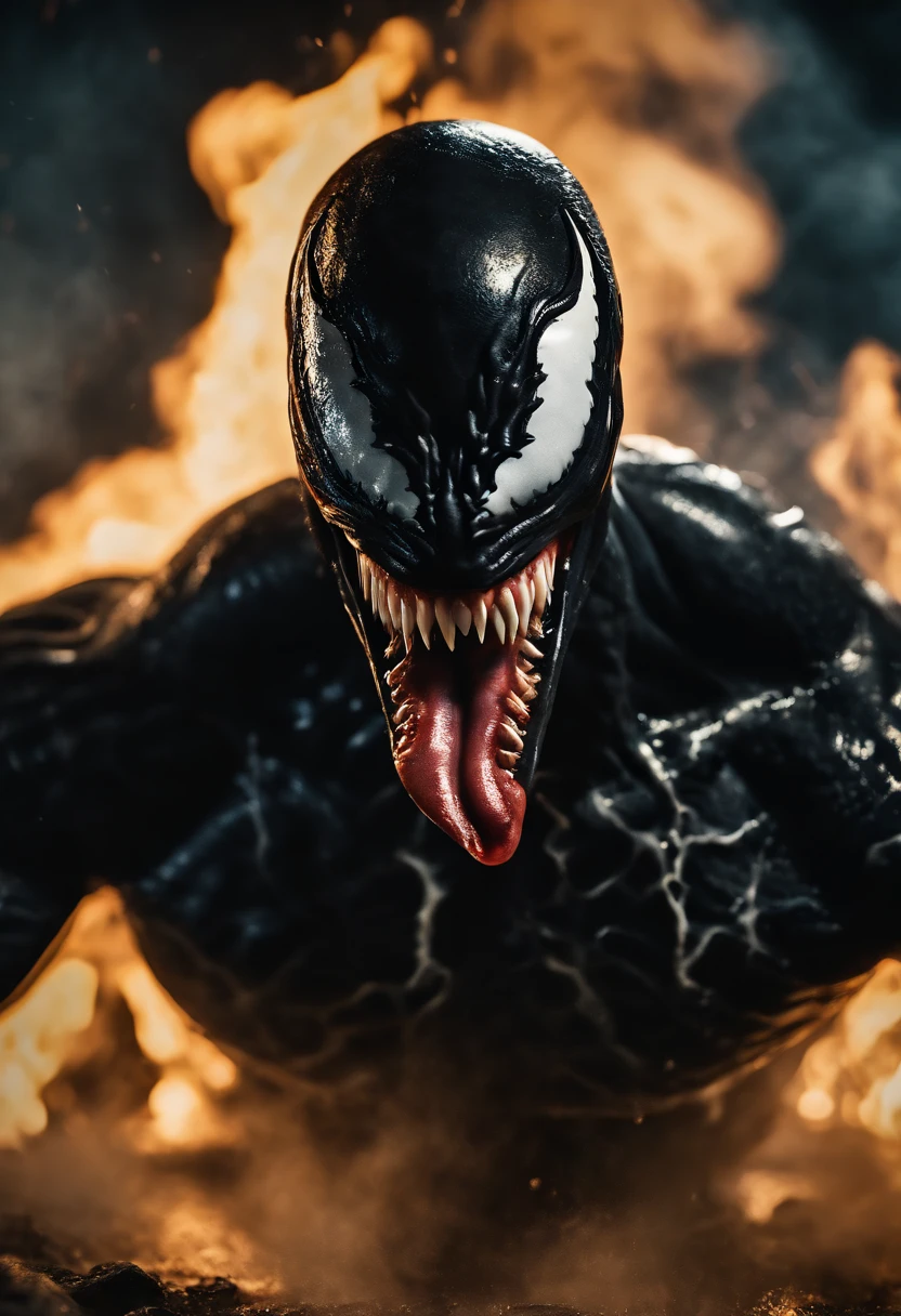 Venom in slime form, scary, long tongue , evil, enemy, fire, explosions